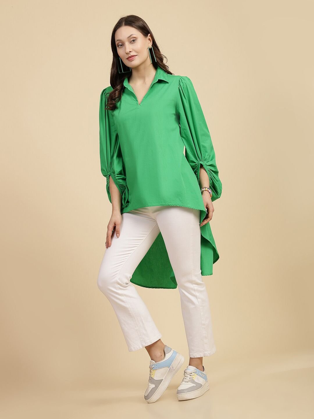 Green Solid Long Sleeves Relaxed Shirt