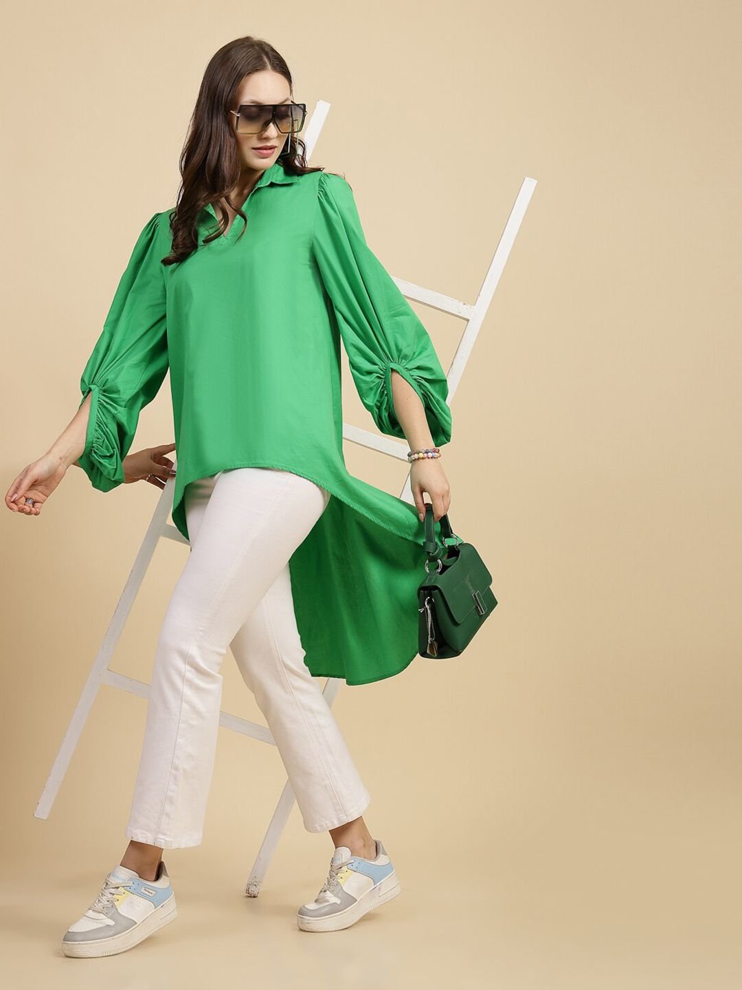 Green Solid Long Sleeves Relaxed Shirt
