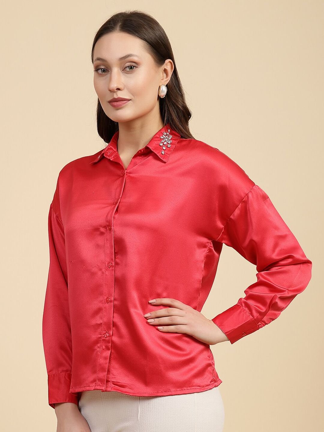 Red Solid Long Sleeves Regular Shirt