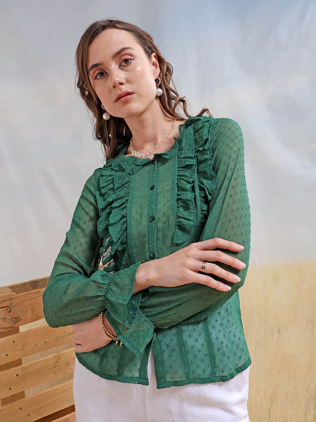 Green Solid Long Sleeves Regular Shirt