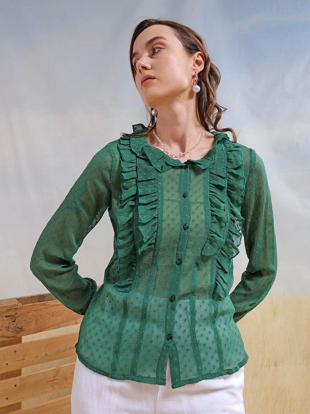 Green Solid Long Sleeves Regular Shirt