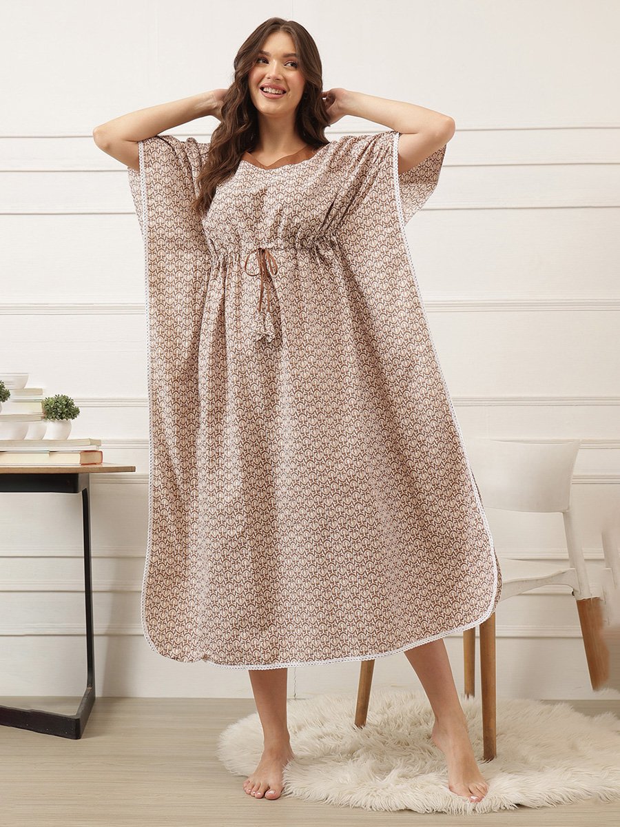 Brown Cotton Kaftan Nightdress with Drawstring Waist