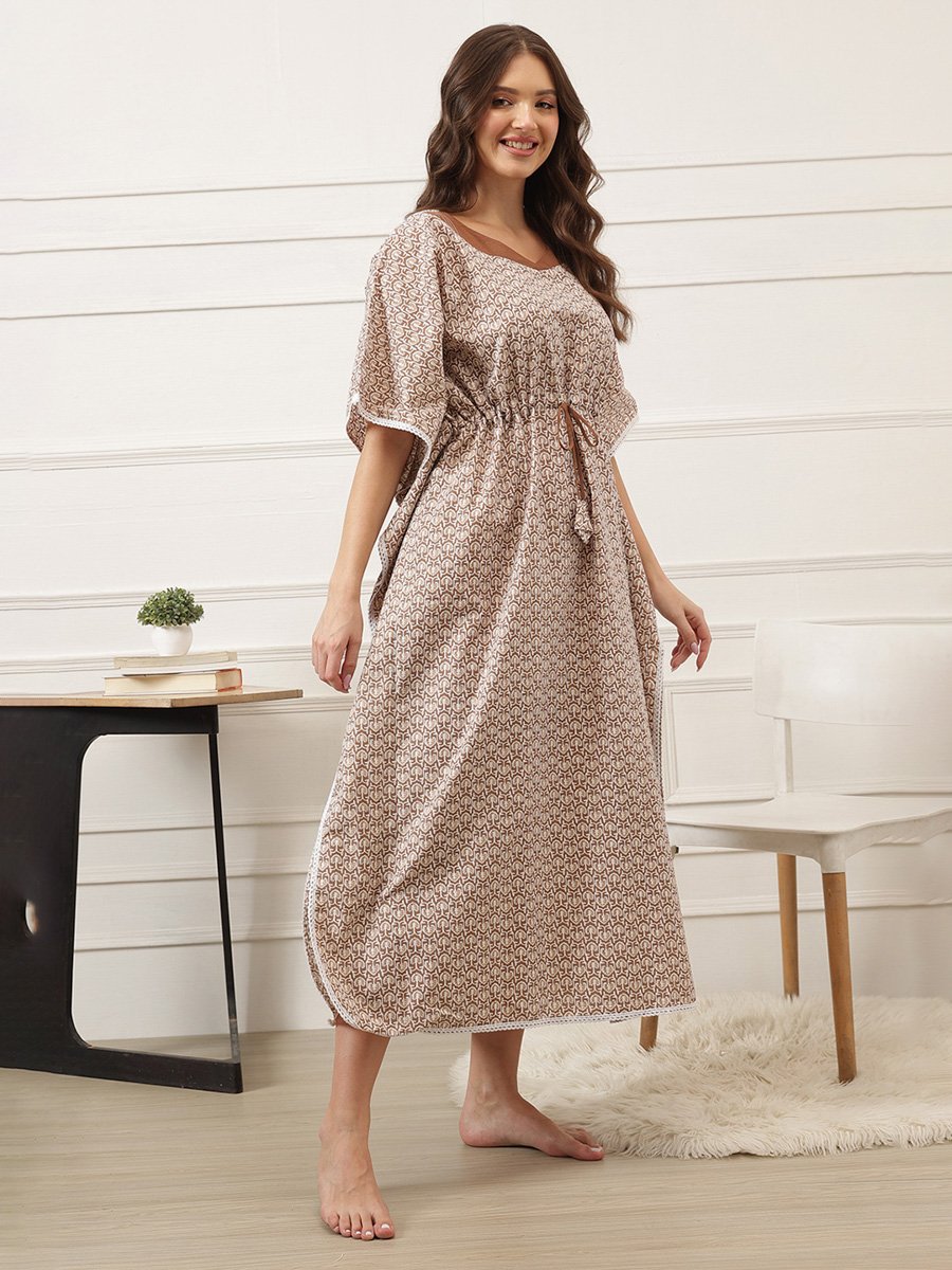 Brown Cotton Kaftan Nightdress with Drawstring Waist