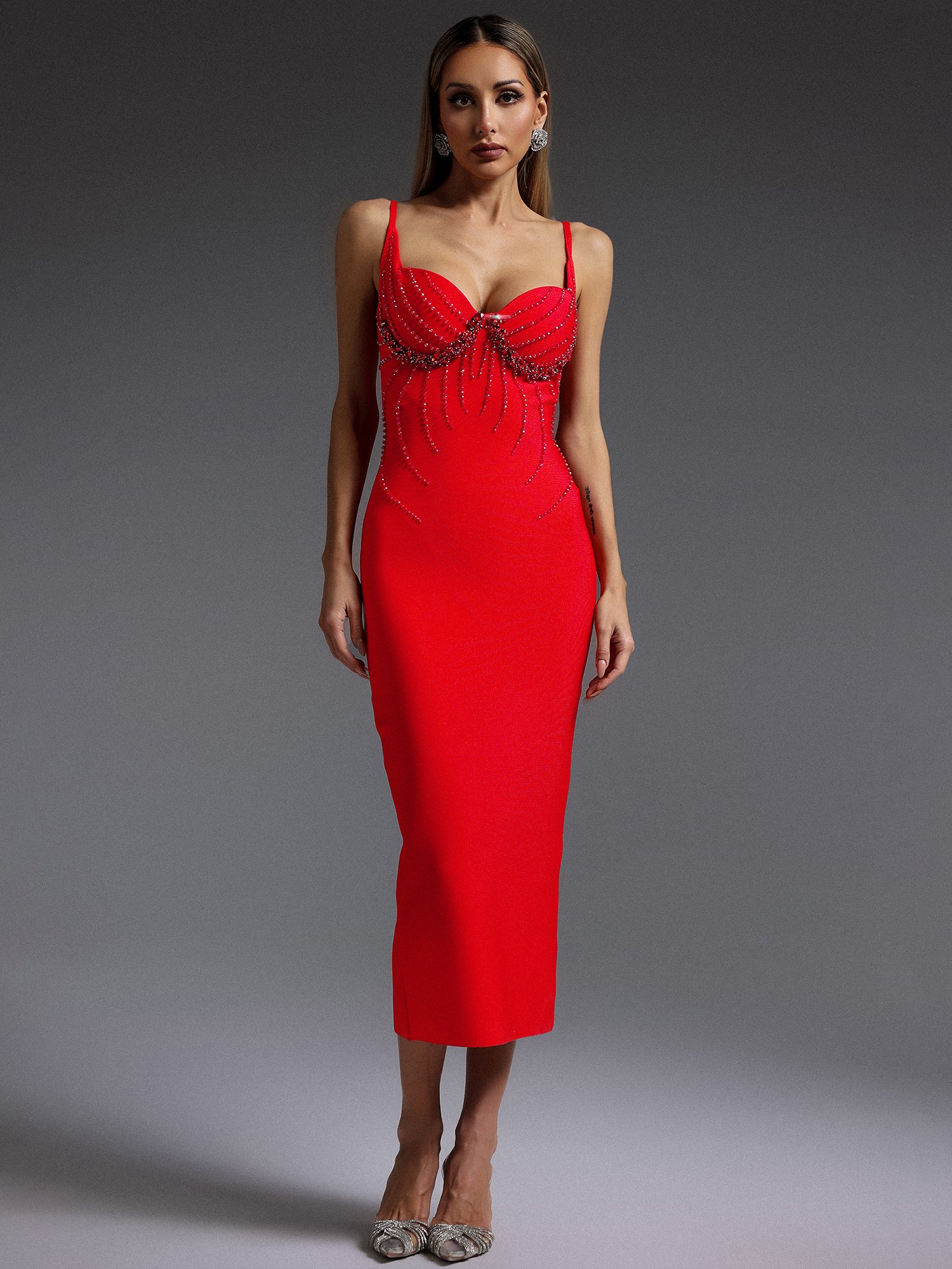 Embellished Red Sleeveless Midi Sheath Dress