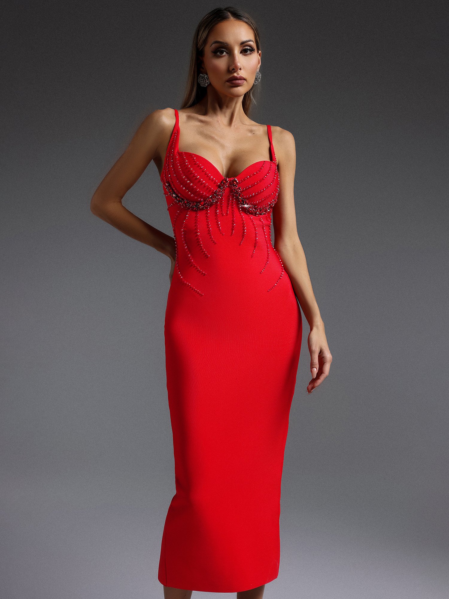 Embellished Red Sleeveless Midi Sheath Dress