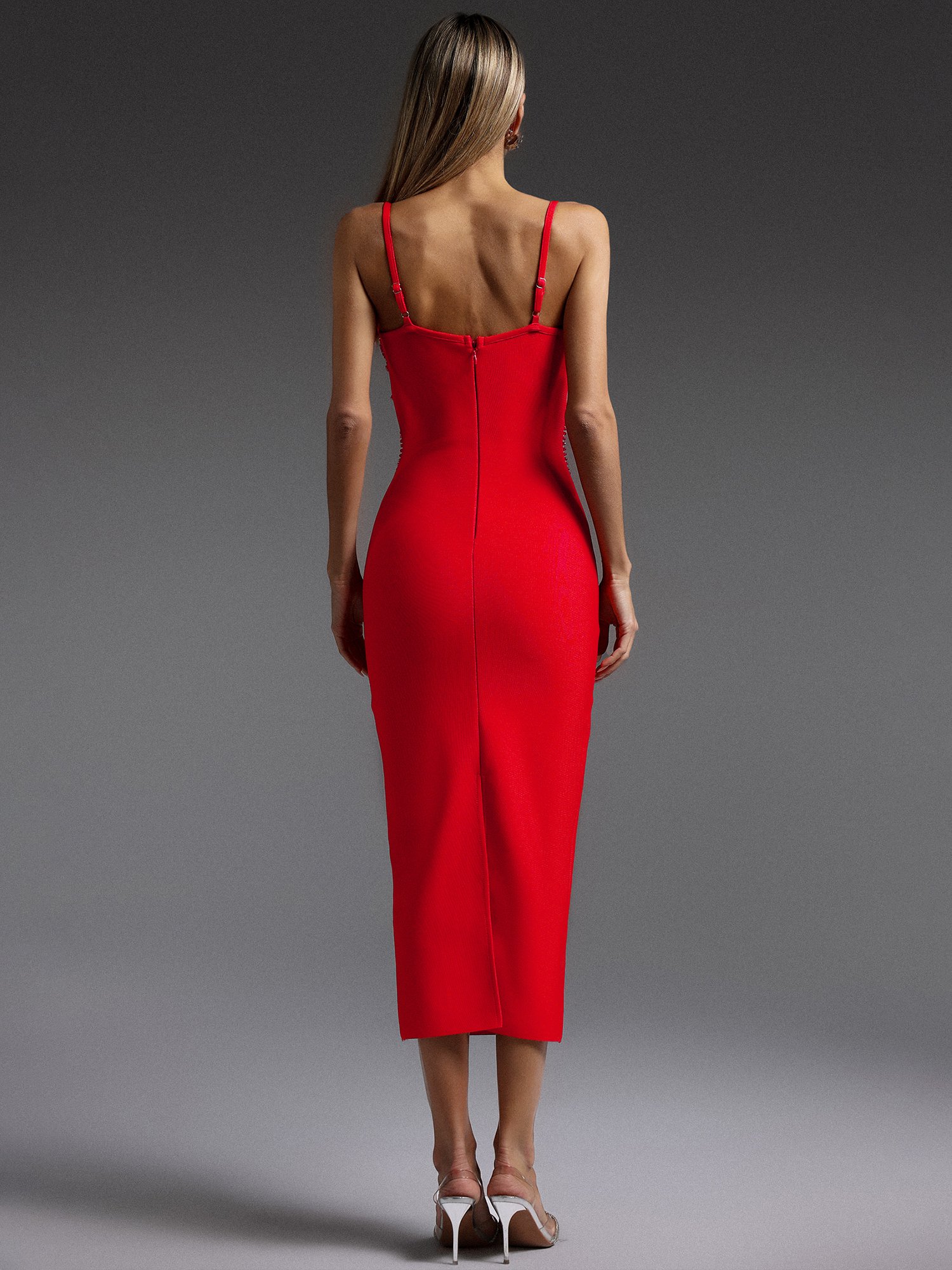Embellished Red Sleeveless Midi Sheath Dress