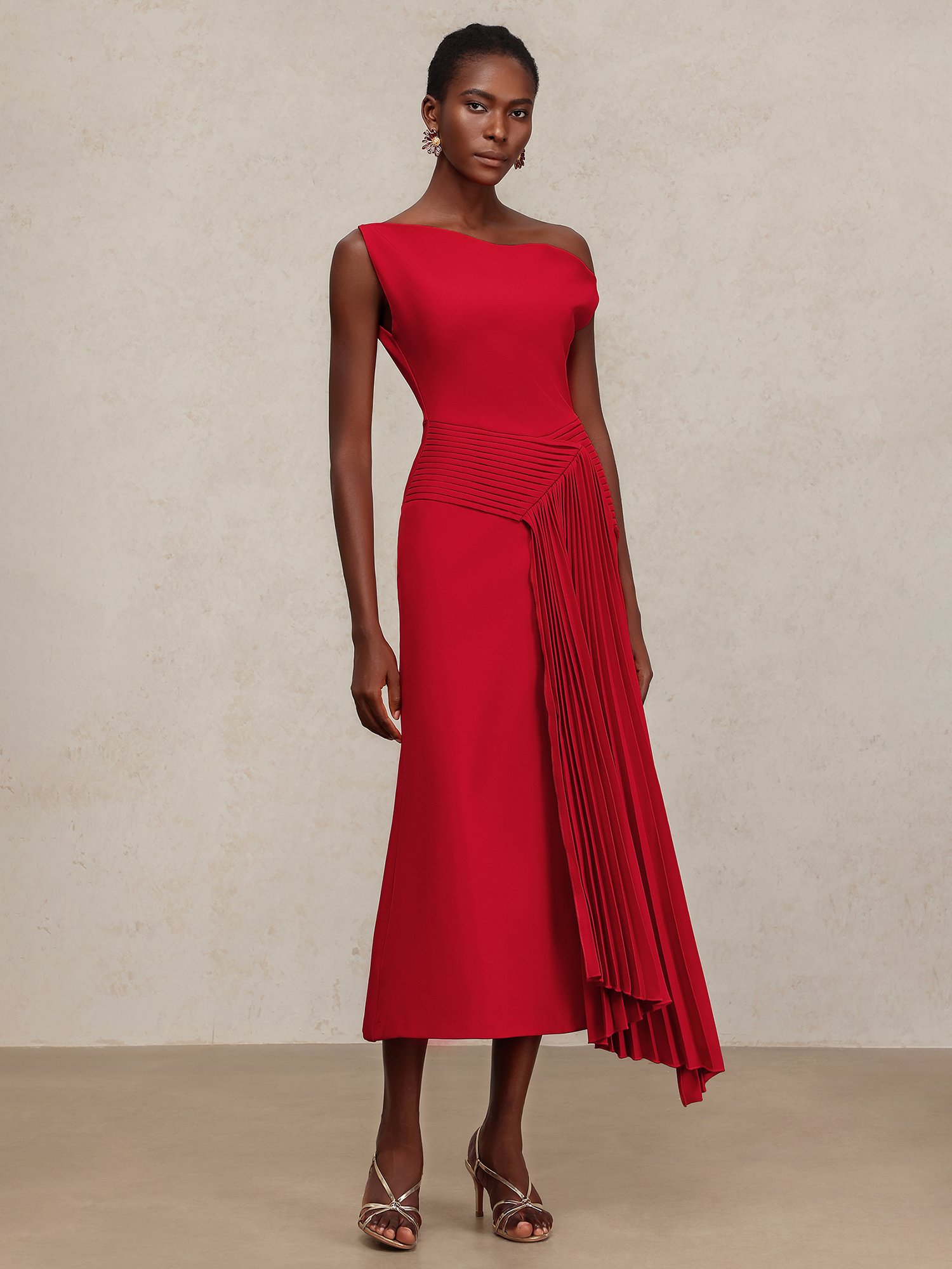 Red Midi Dress with Asymmetric Neckline and Pleated Detail