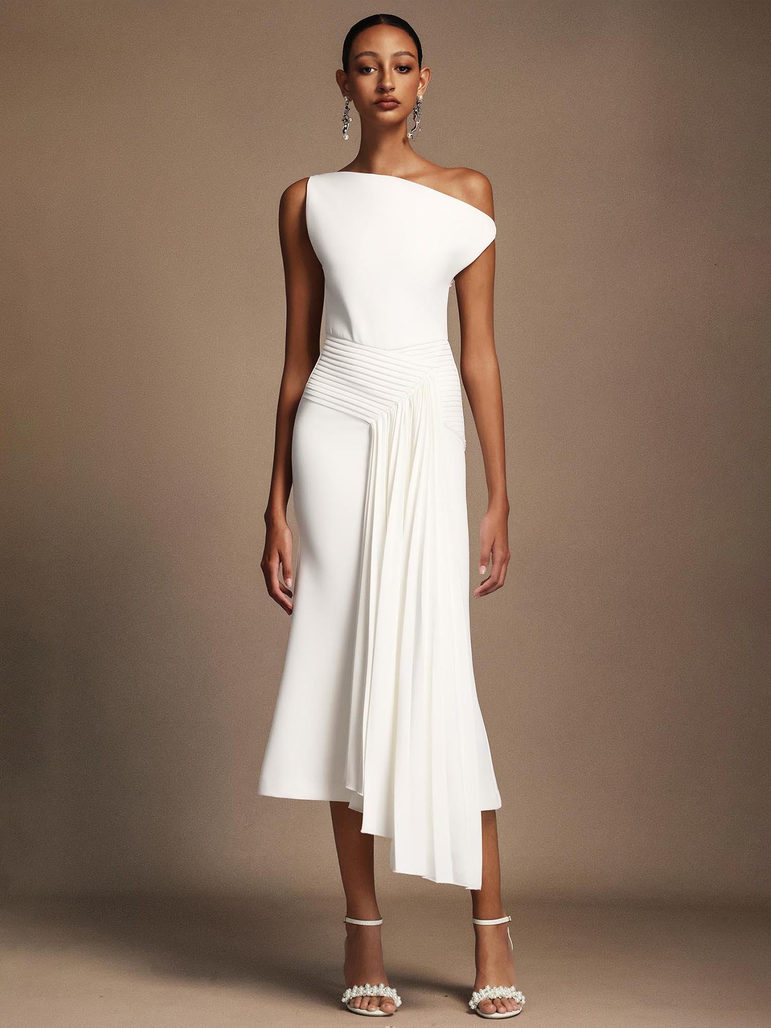 White Midi Dress with Asymmetric Pleats