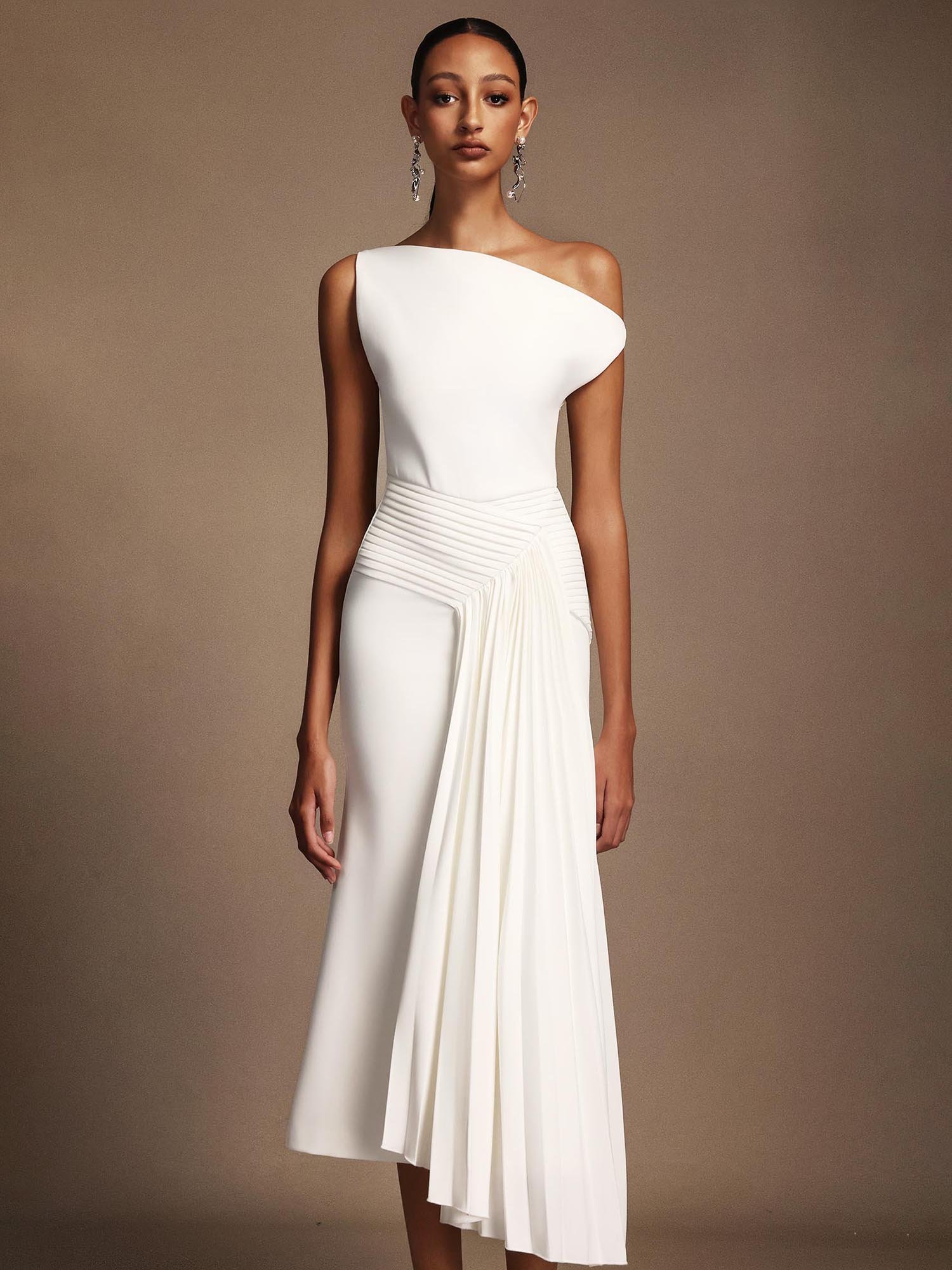 White Midi Dress with Asymmetric Pleats