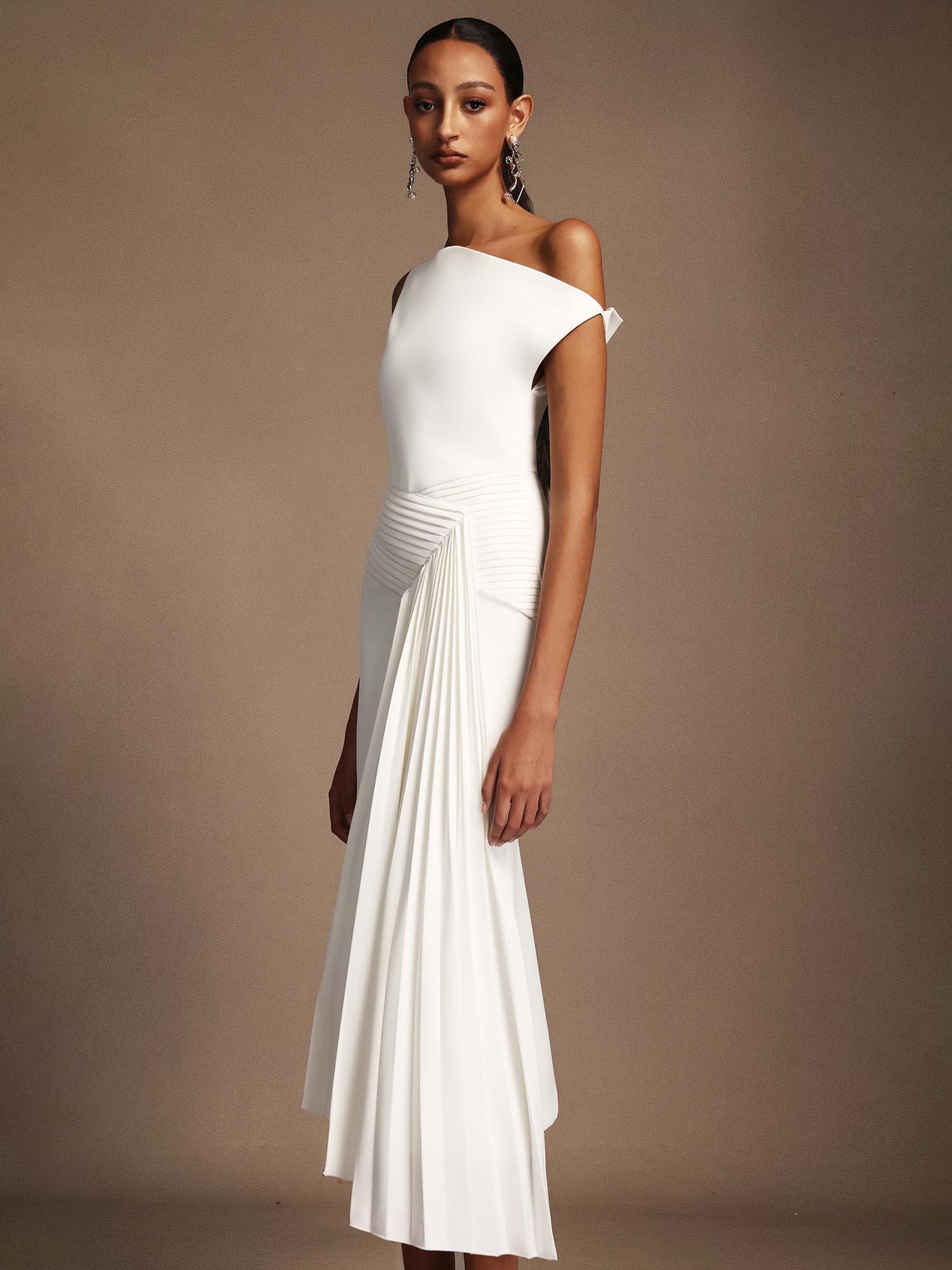 White Midi Dress with Asymmetric Pleats