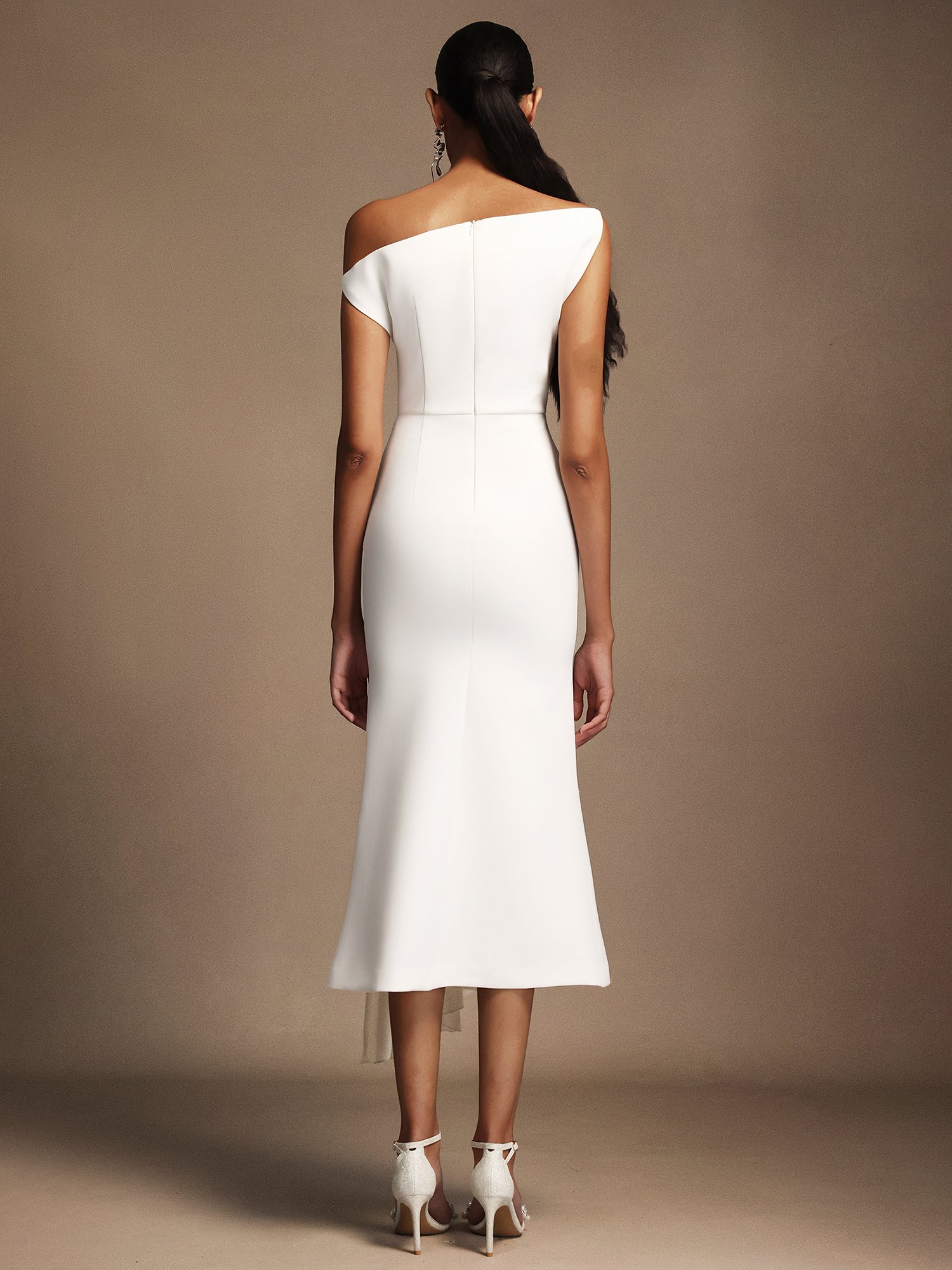 White Midi Dress with Asymmetric Pleats