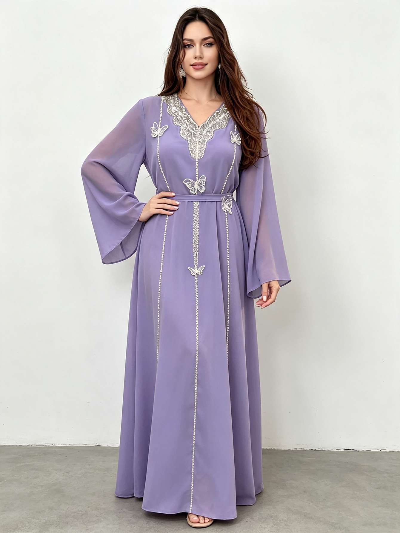 Purple Embroidered Butterfly Abaya with Belt