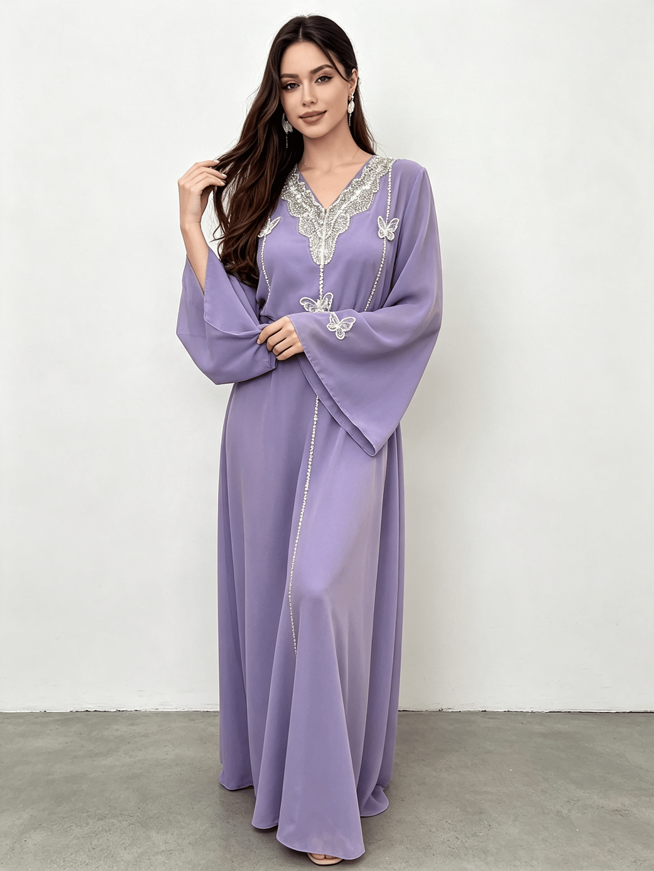 Purple Embroidered Butterfly Abaya with Belt