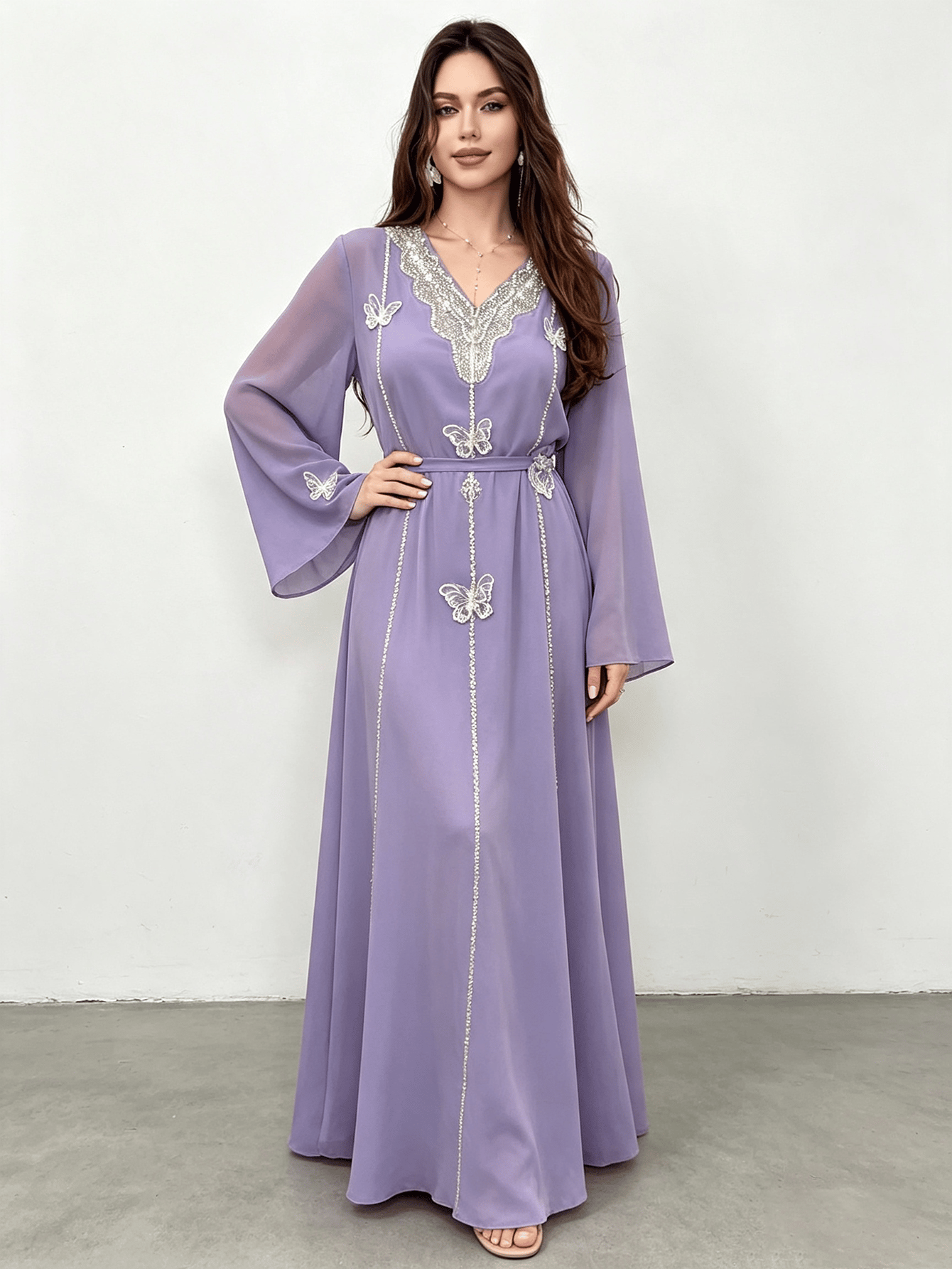 Purple Embroidered Butterfly Abaya with Belt