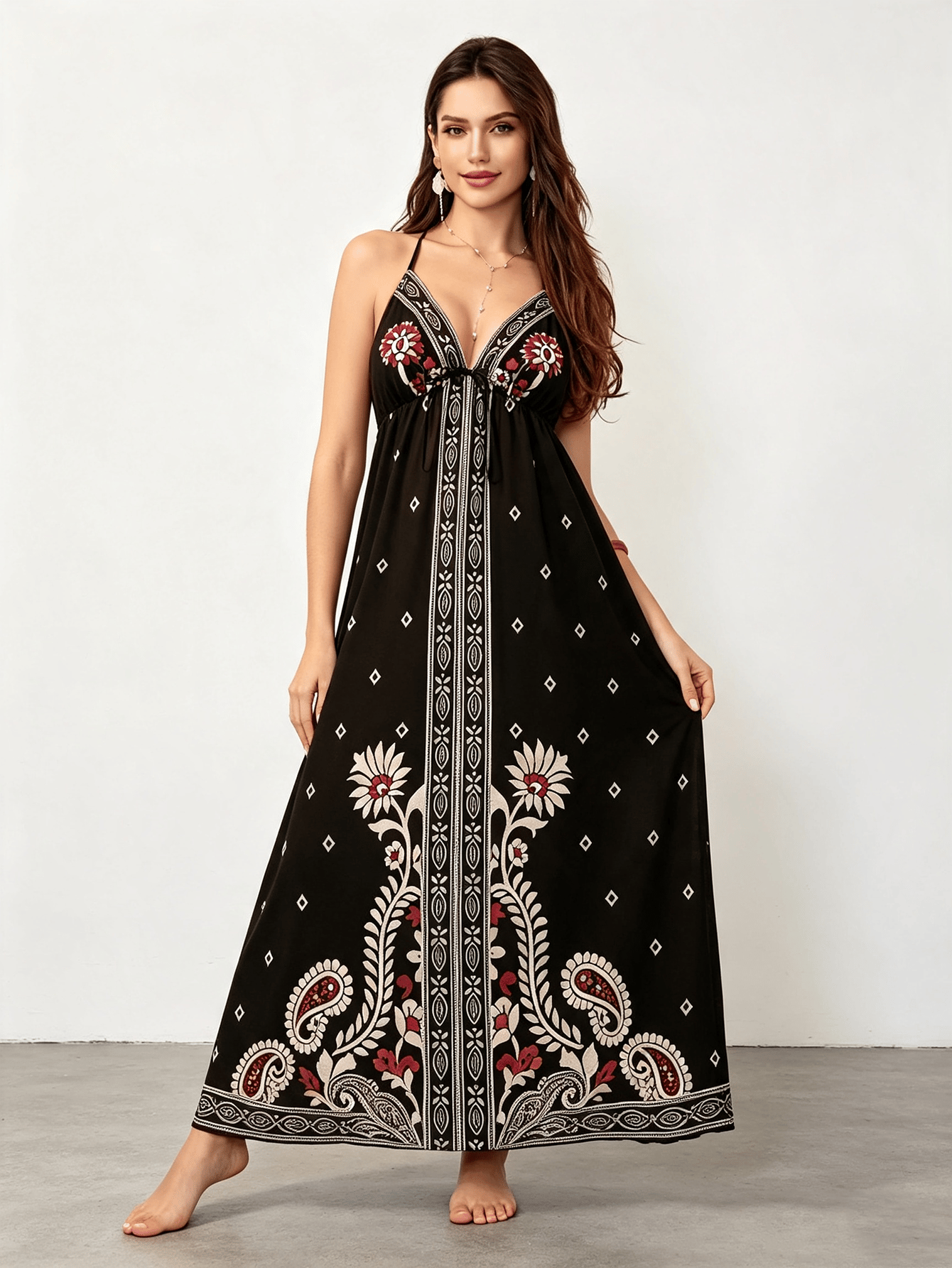 Black Tribal Print A-Line Maxi Dress - Sleeveless V-Neck