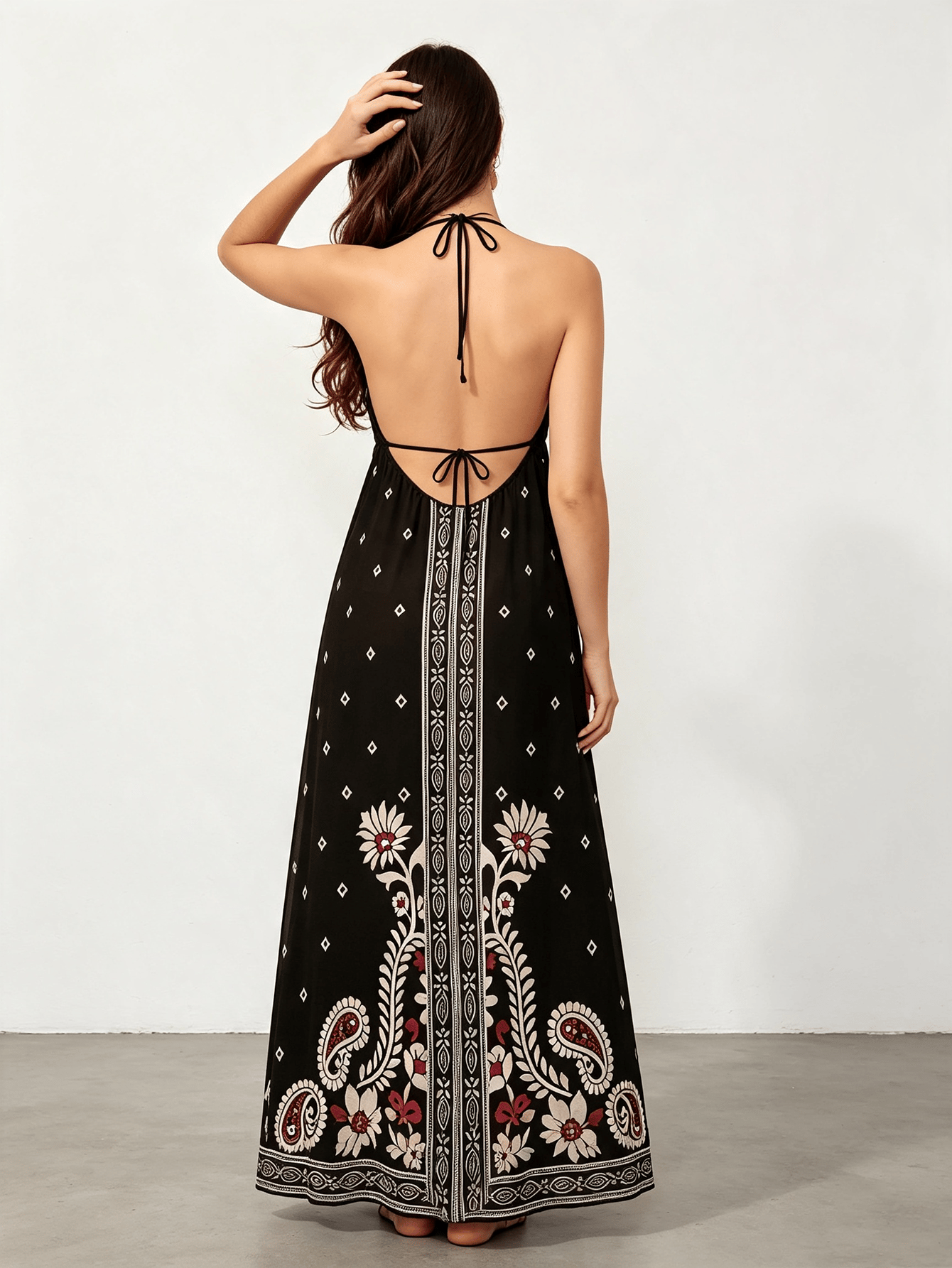 Black Tribal Print A-Line Maxi Dress - Sleeveless V-Neck