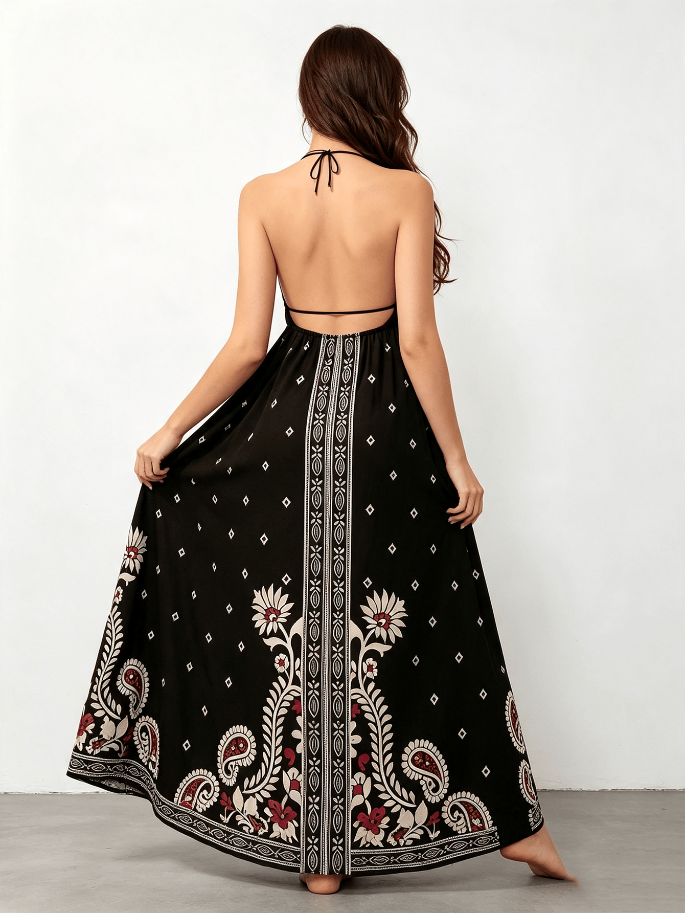 Black Tribal Print A-Line Maxi Dress - Sleeveless V-Neck