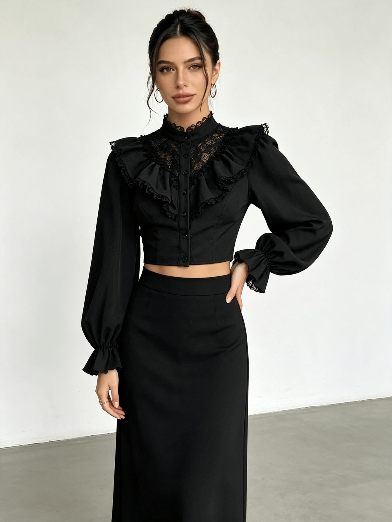 Black Lace Ruffle Crop Shirt with Long Sleeves