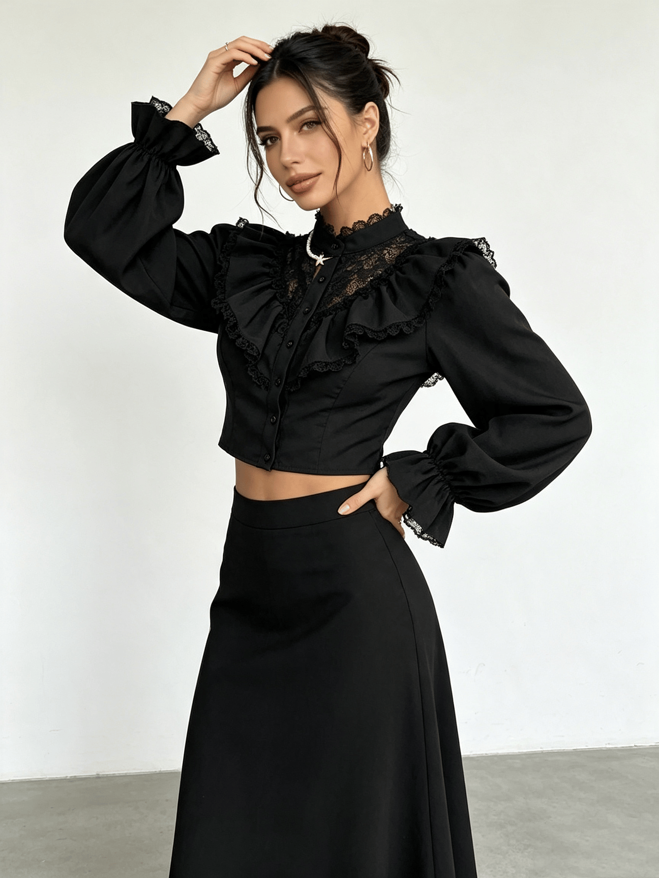 Black Lace Ruffle Crop Shirt with Long Sleeves