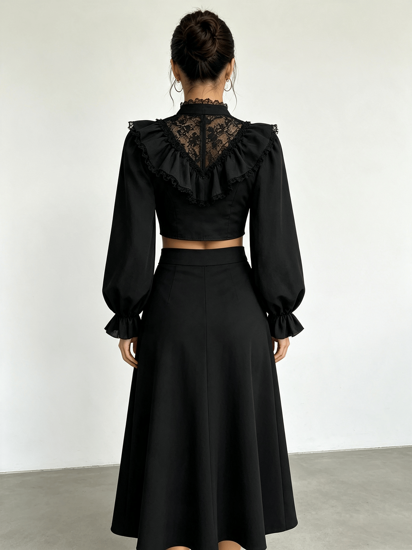 Black Lace Ruffle Crop Shirt with Long Sleeves