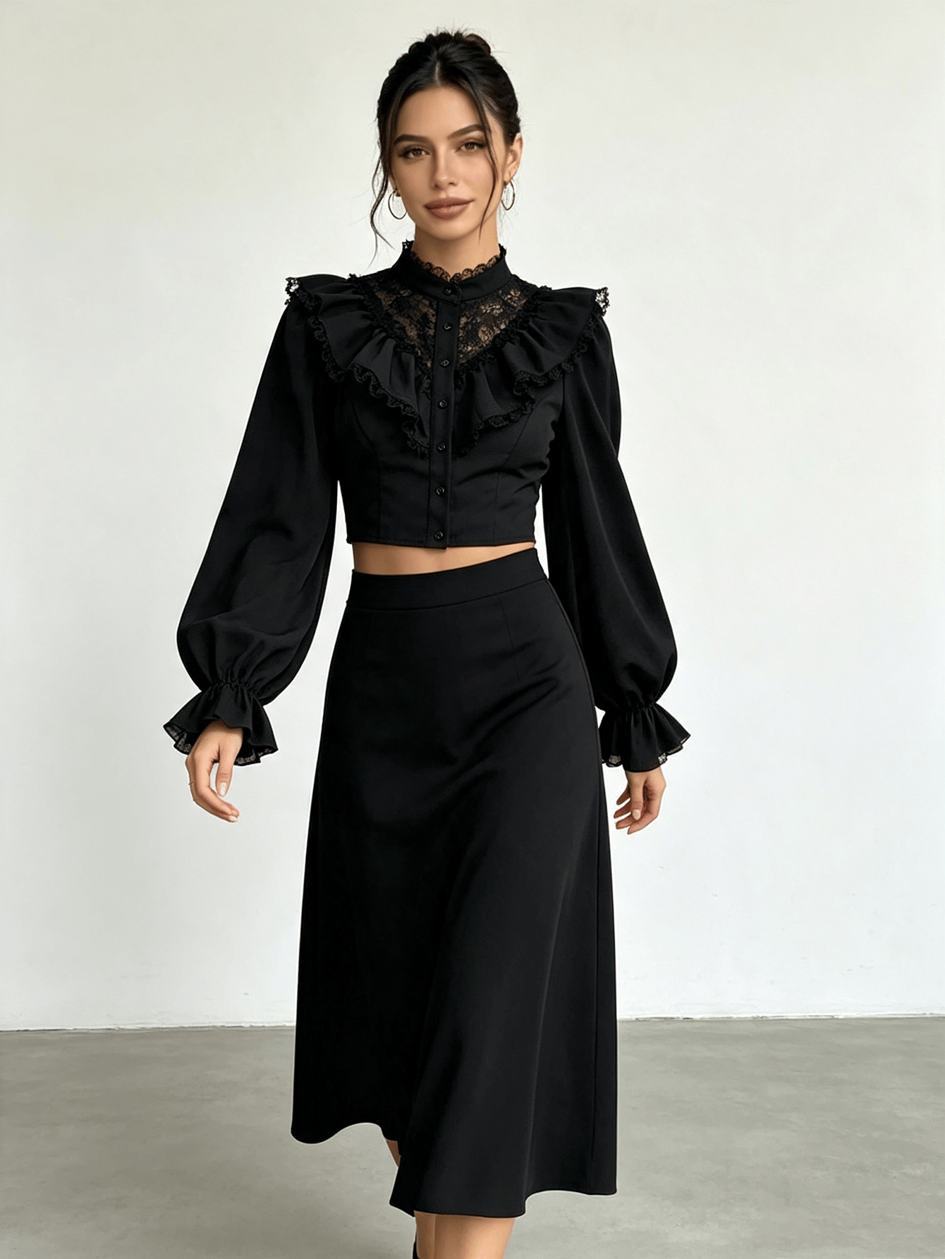 Black Lace Ruffle Crop Shirt with Long Sleeves