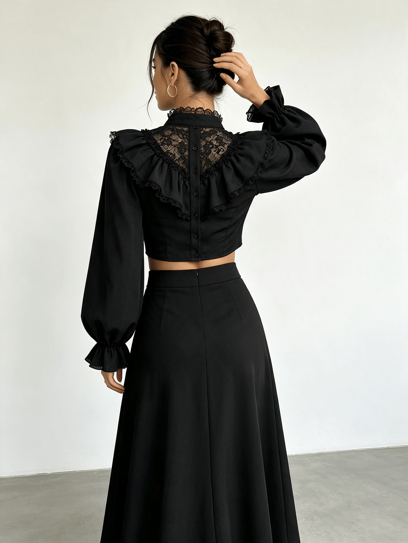 Black Lace Ruffle Crop Shirt with Long Sleeves