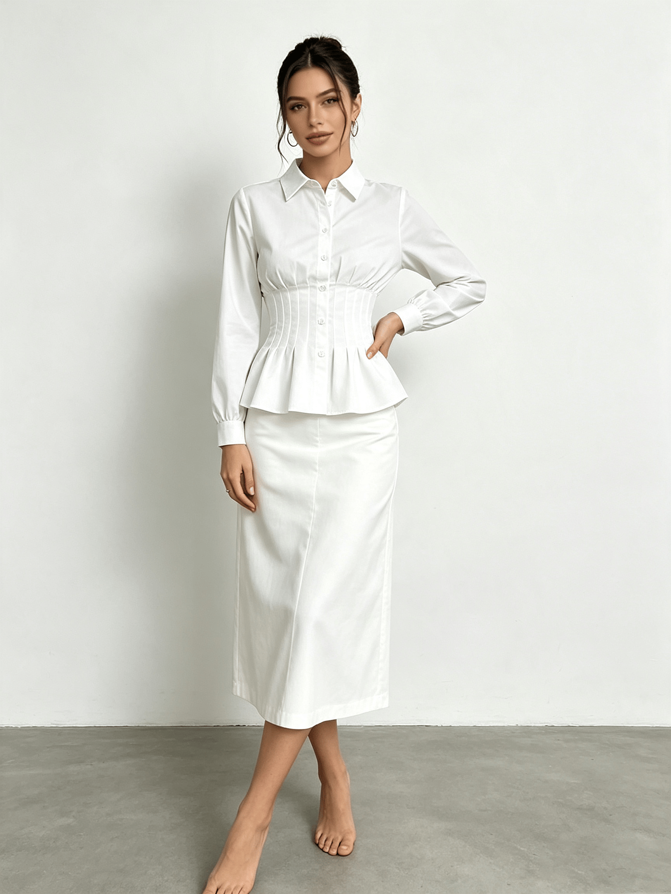 White Regular Fit Shirred Waist Peplum Shirt