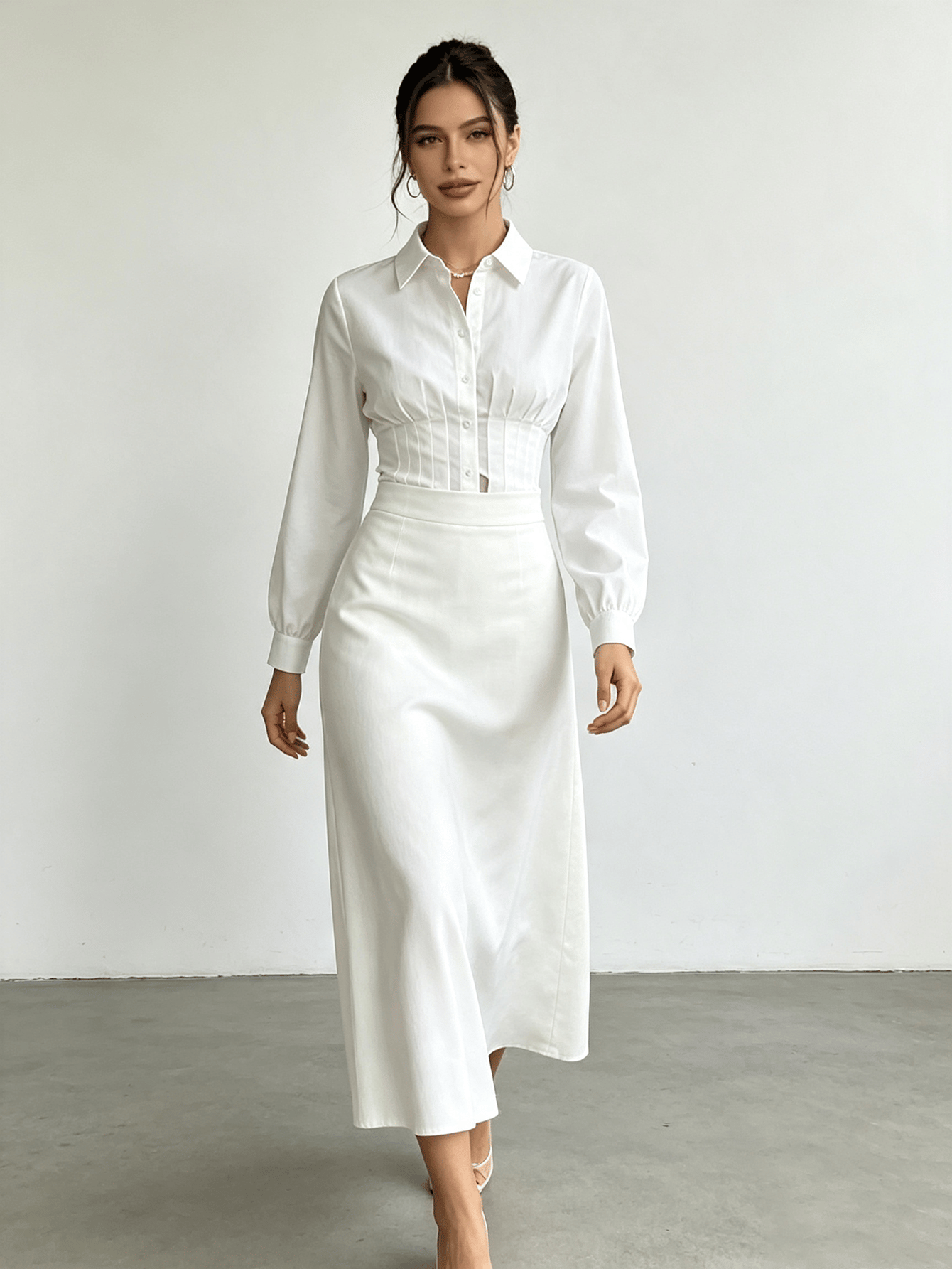 White Regular Fit Shirred Waist Peplum Shirt