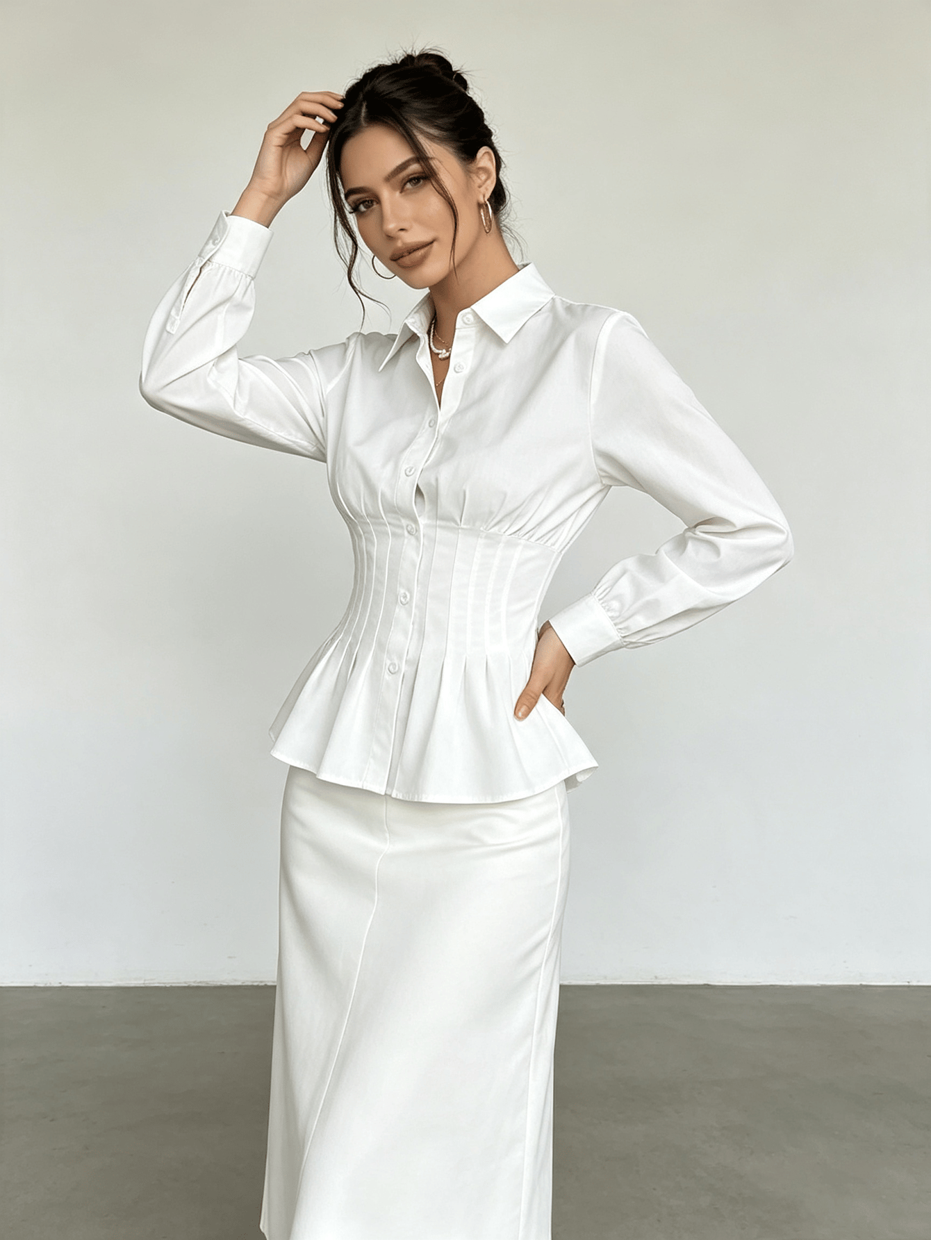 White Regular Fit Shirred Waist Peplum Shirt