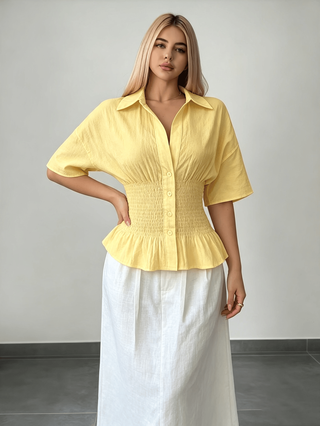 Yellow Smocked Peplum Shirt with Long Sleeves