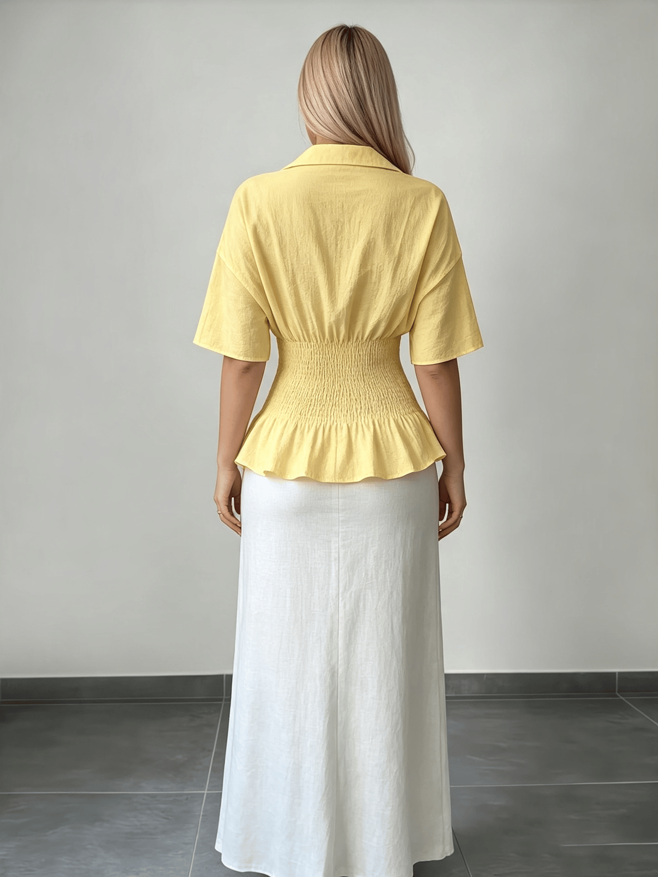 Yellow Smocked Peplum Shirt with Long Sleeves
