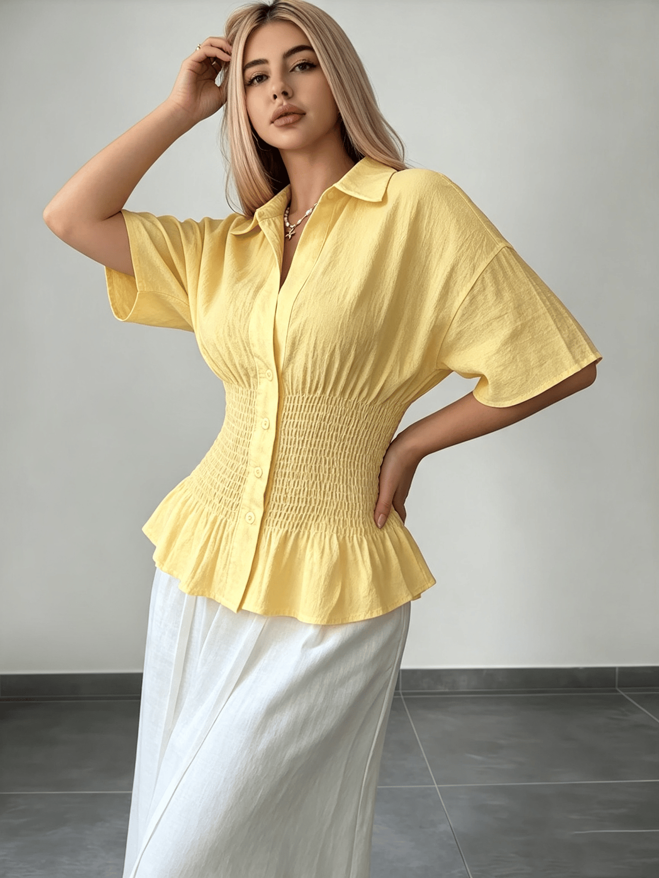 Yellow Smocked Peplum Shirt with Long Sleeves