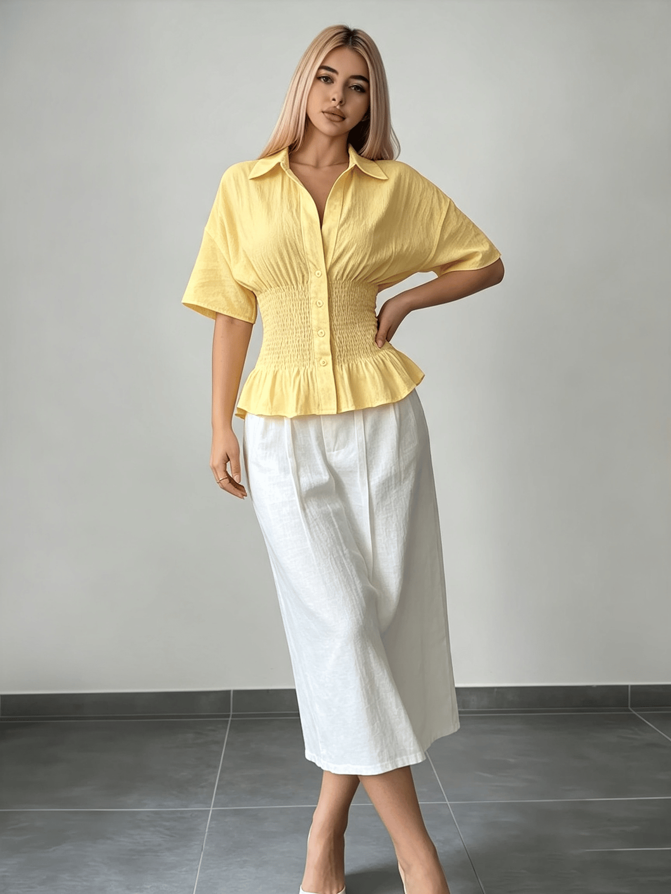 Yellow Smocked Peplum Shirt with Long Sleeves