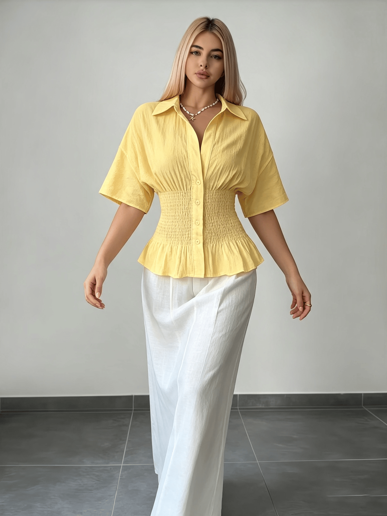 Yellow Smocked Peplum Shirt with Long Sleeves