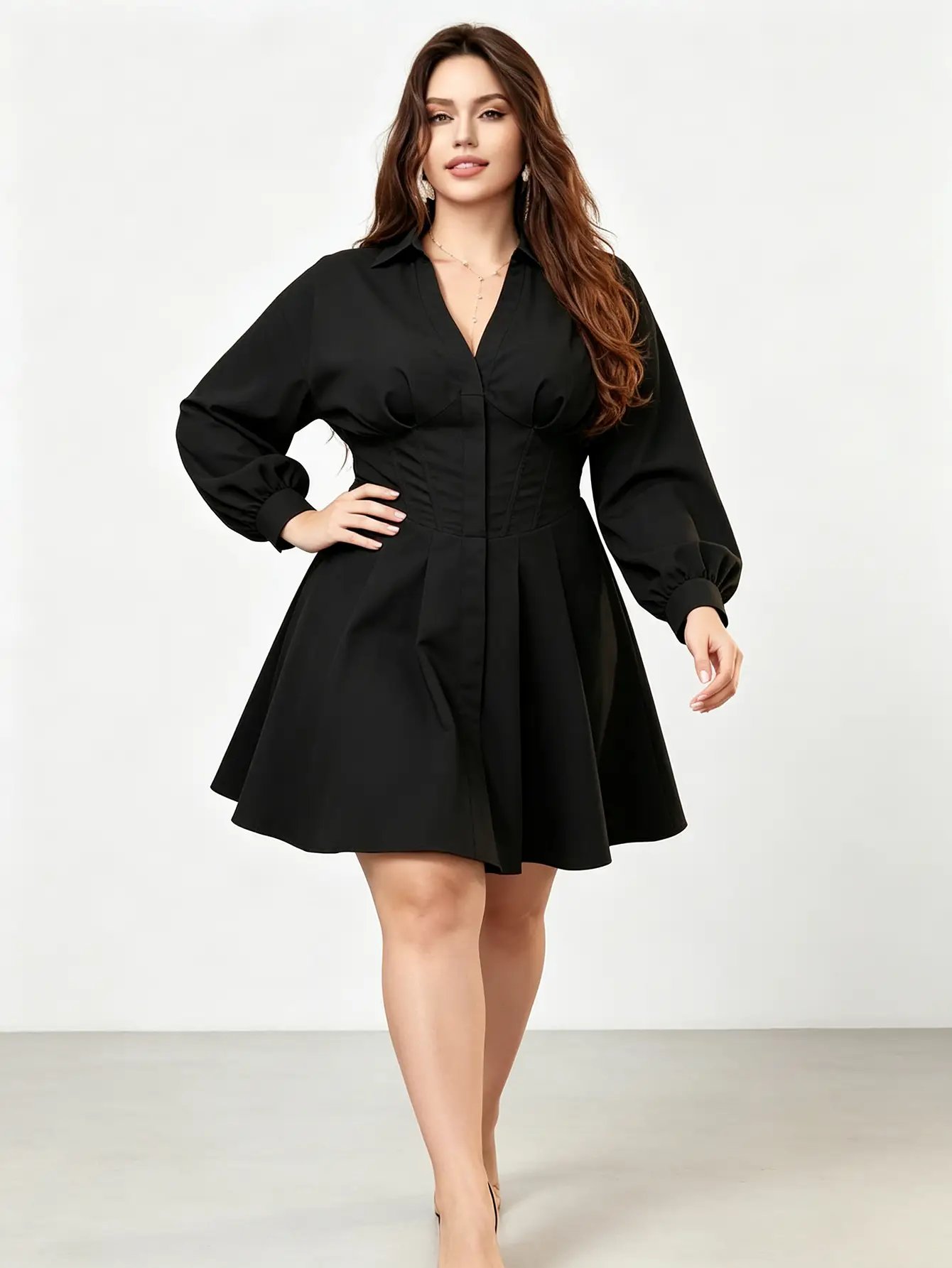 Plus Size Black A-Line Mini Dress with Corset Waist