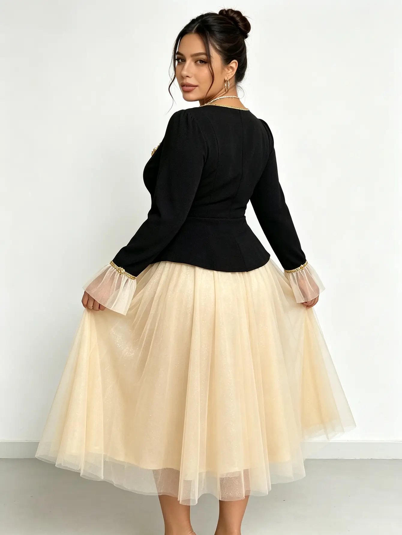 Plus Size Beige Midi Swing Dress with Floral Buttons