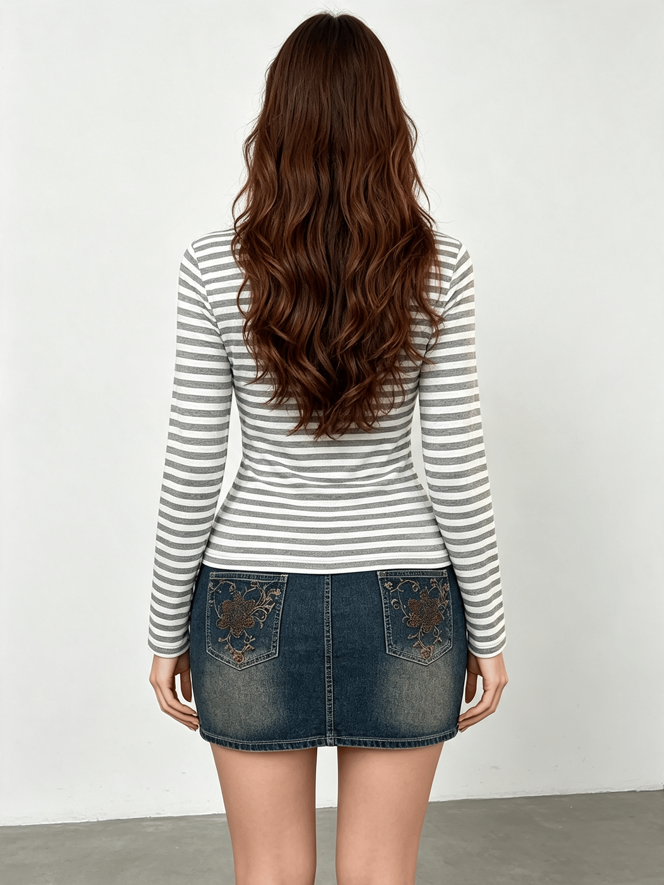 Grey Striped Plus Size Long Sleeve Henley Top