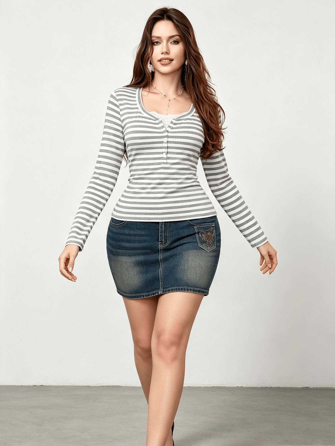Grey Striped Plus Size Long Sleeve Henley Top