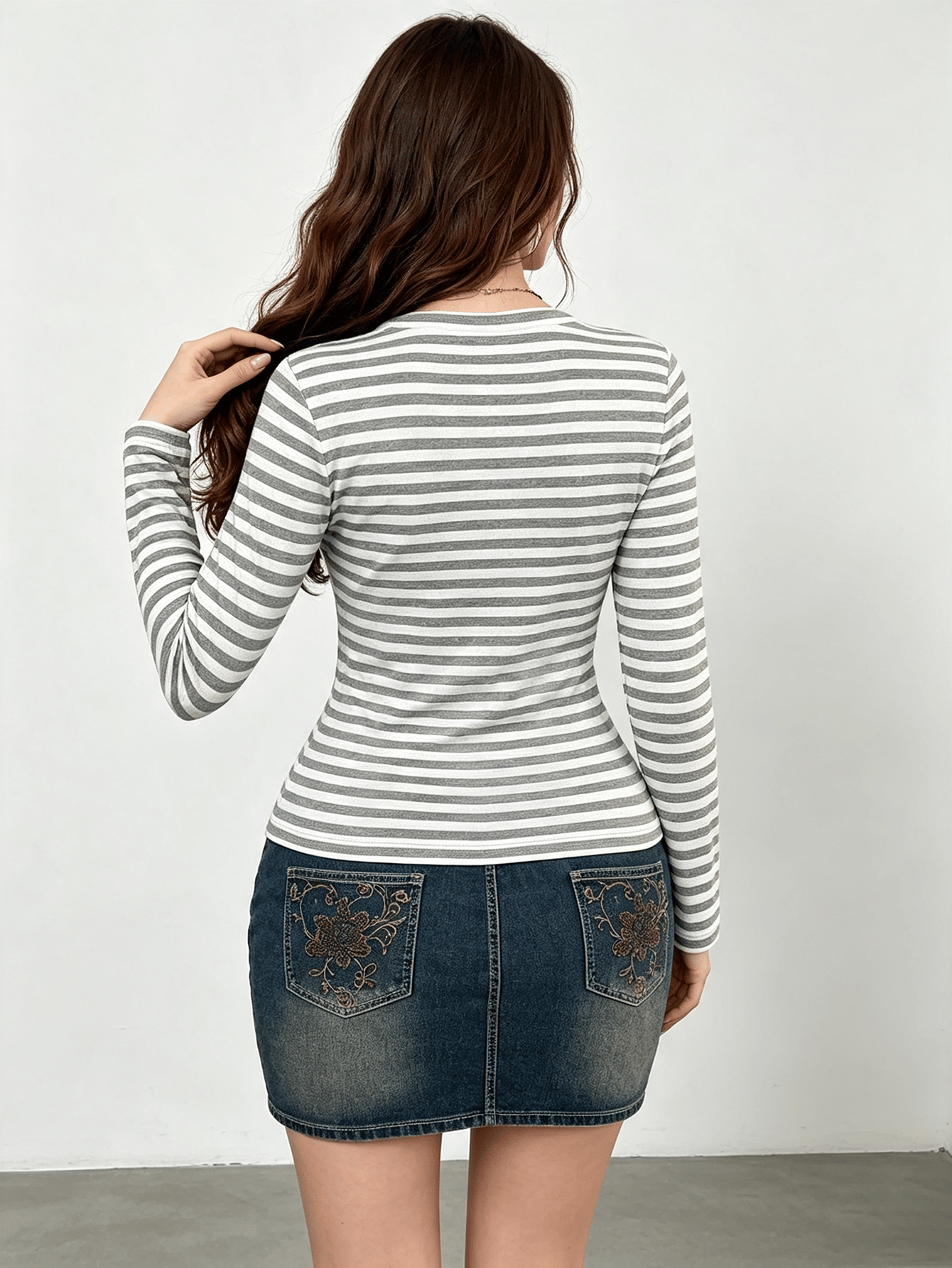 Grey Striped Plus Size Long Sleeve Henley Top