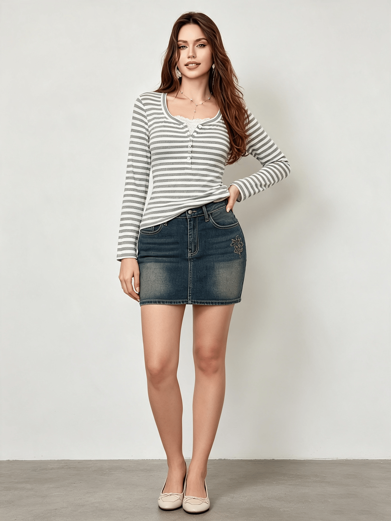 Grey Striped Plus Size Long Sleeve Henley Top