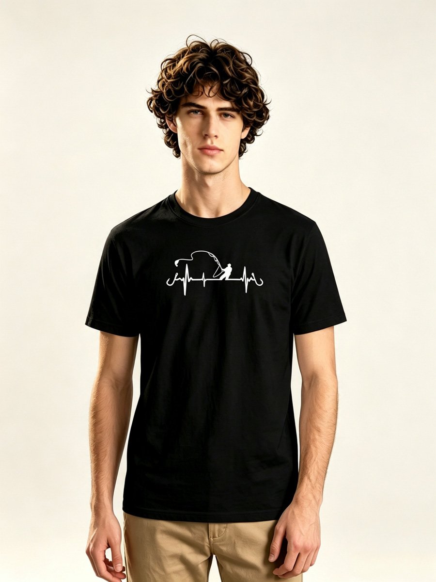 Men Black Casual Fishing Heartbeat Print T-Shirt