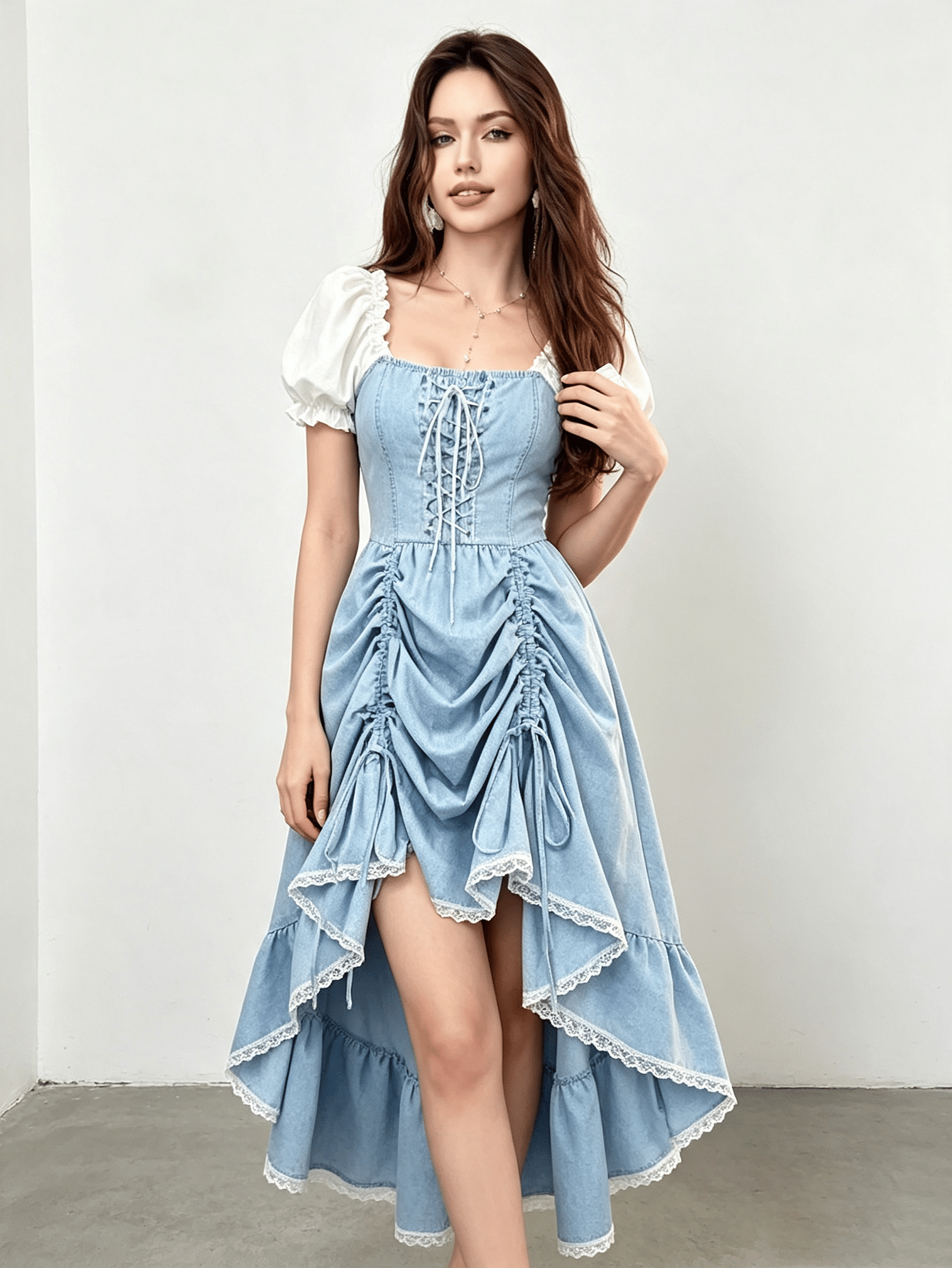 Blue A-Line Midi Dress with Puff Sleeves and Lace-Up Detail
