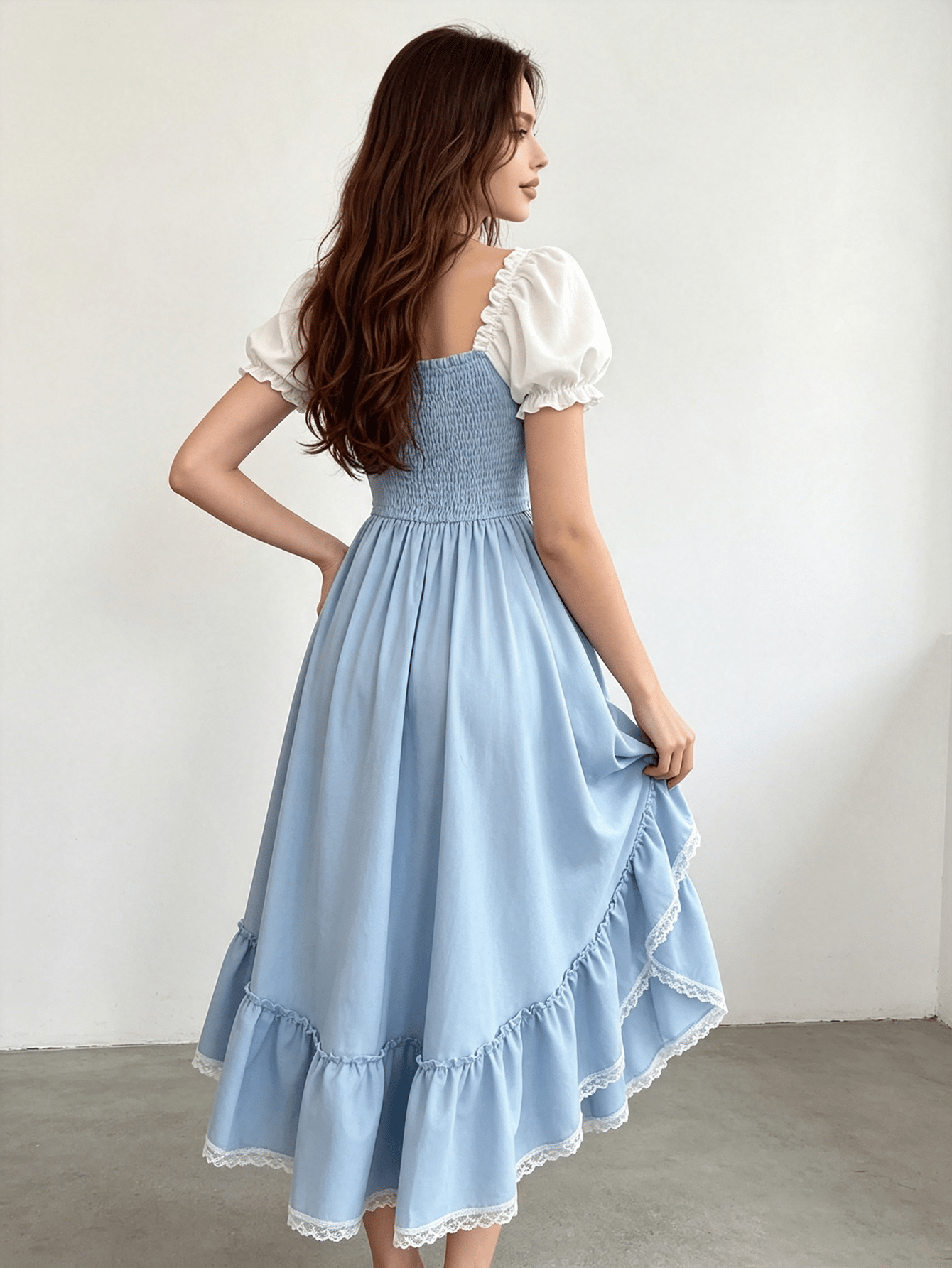 Blue A-Line Midi Dress with Puff Sleeves and Lace-Up Detail
