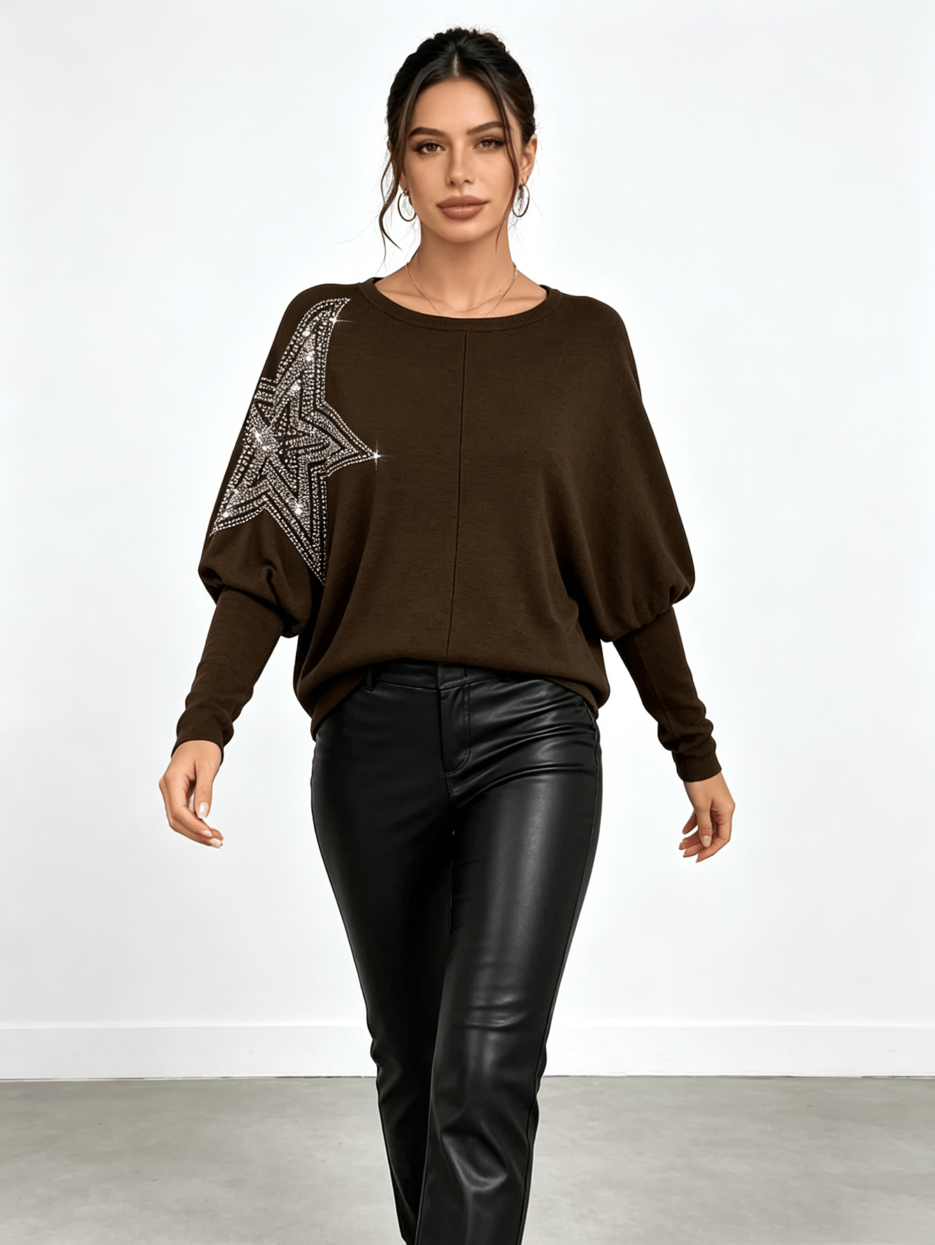 Black Long Sleeve Loose Fit Top with Rhinestone Star Detail