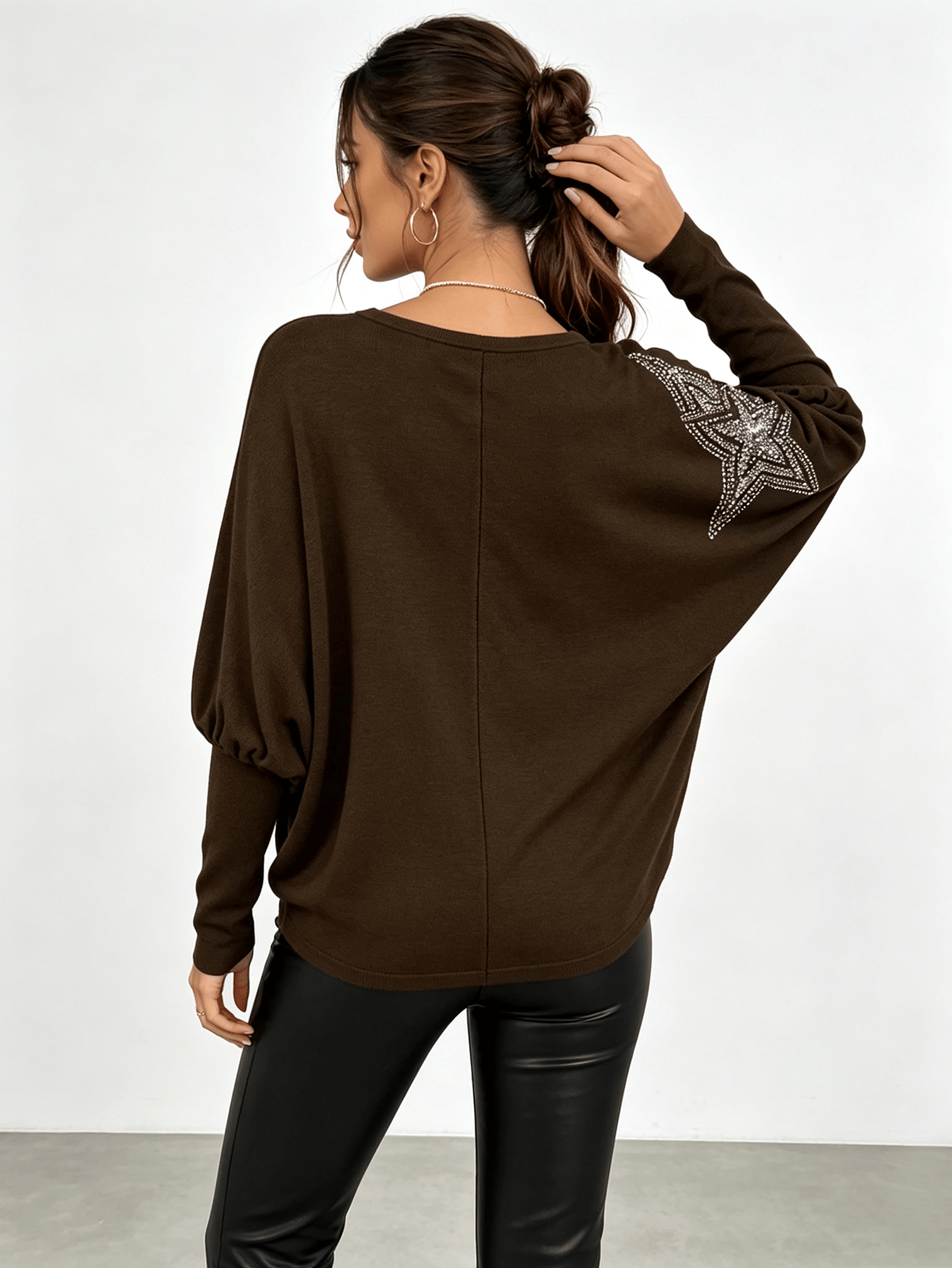 Black Long Sleeve Loose Fit Top with Rhinestone Star Detail