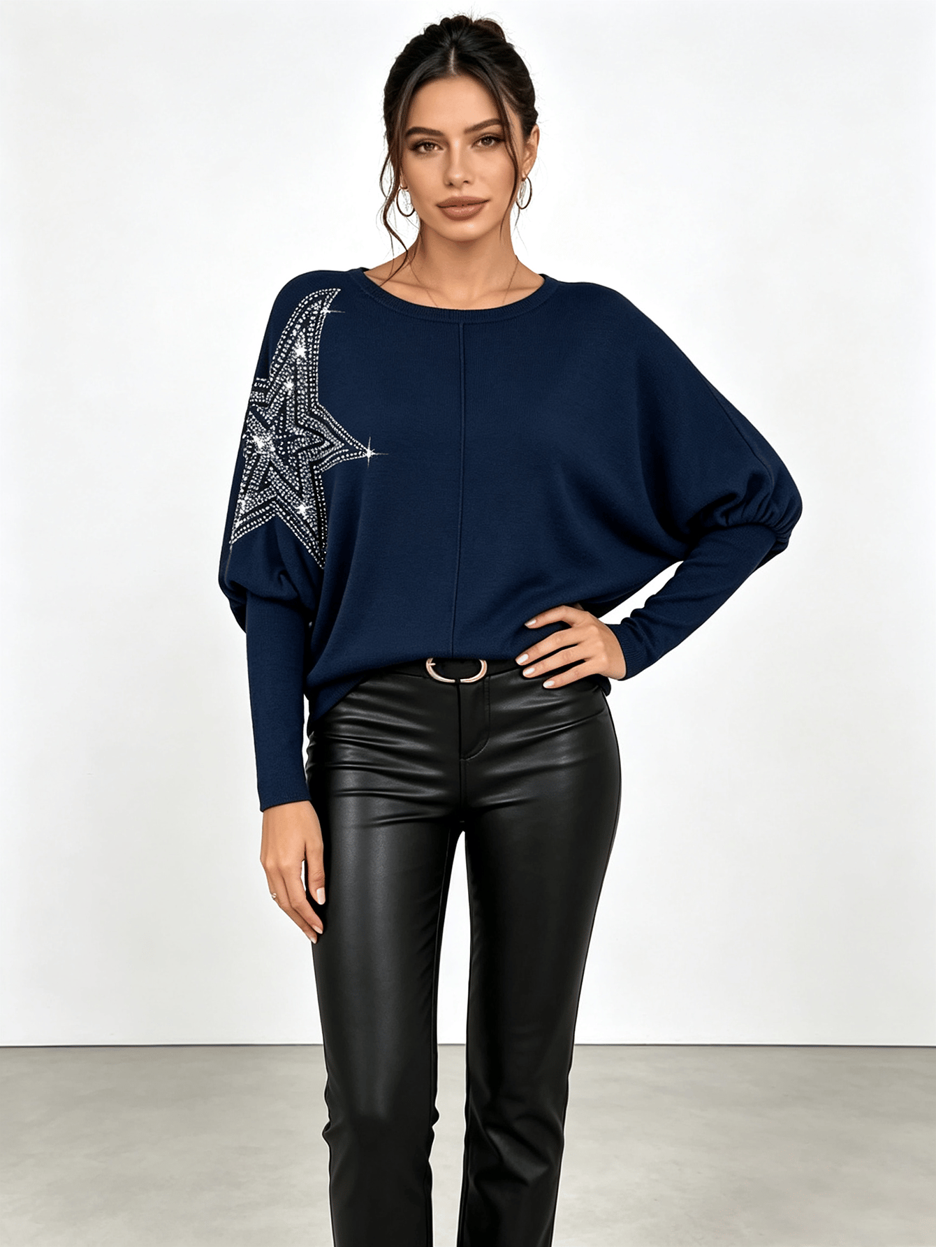 Dark Blue Rhinestone Star Batwing Sleeve Top