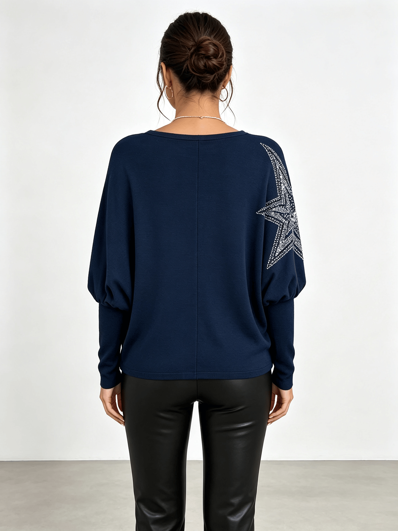 Dark Blue Rhinestone Star Batwing Sleeve Top