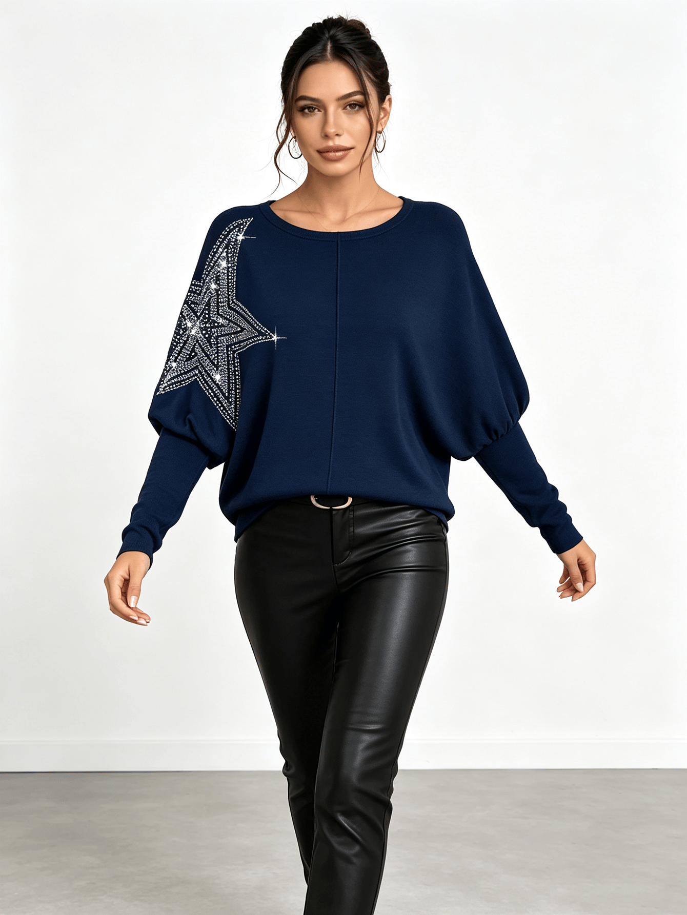 Dark Blue Rhinestone Star Batwing Sleeve Top