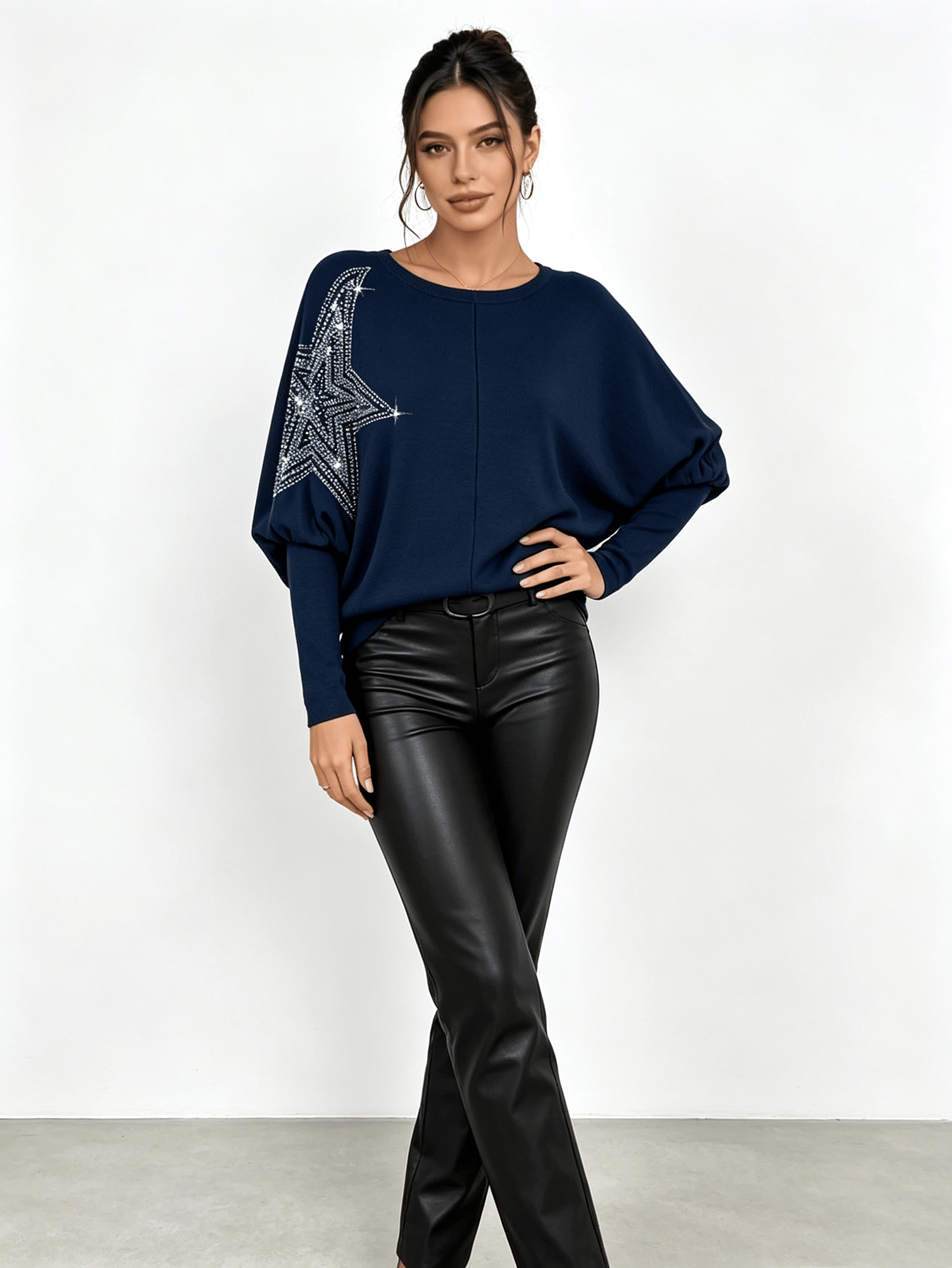 Dark Blue Rhinestone Star Batwing Sleeve Top