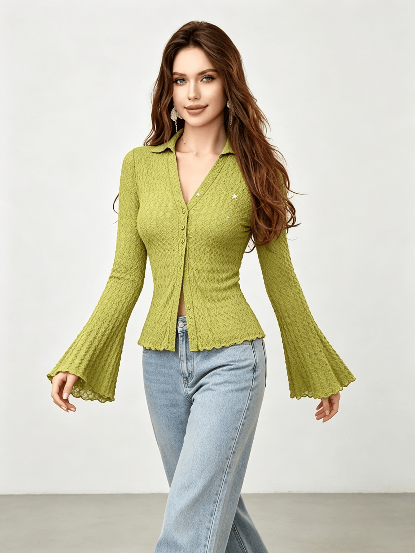 Green Textured Long Sleeve Top with Flare Cuffs